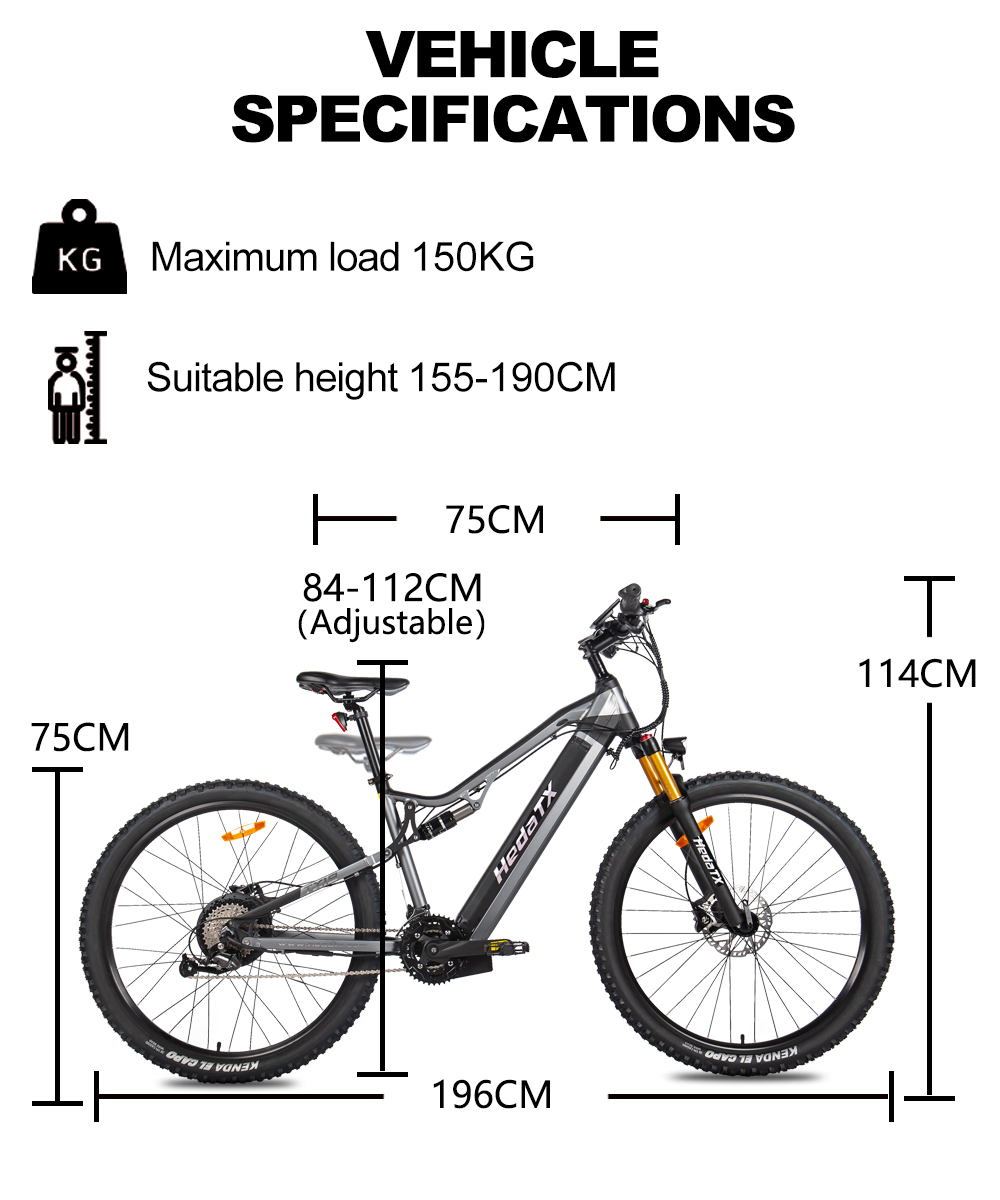 Specyfikacje czarno-szarego roweru elektrycznego. Zawiera maksymalne obciążenie (150 kg), odpowiednią wysokość (155-190 cm) i wymiary.