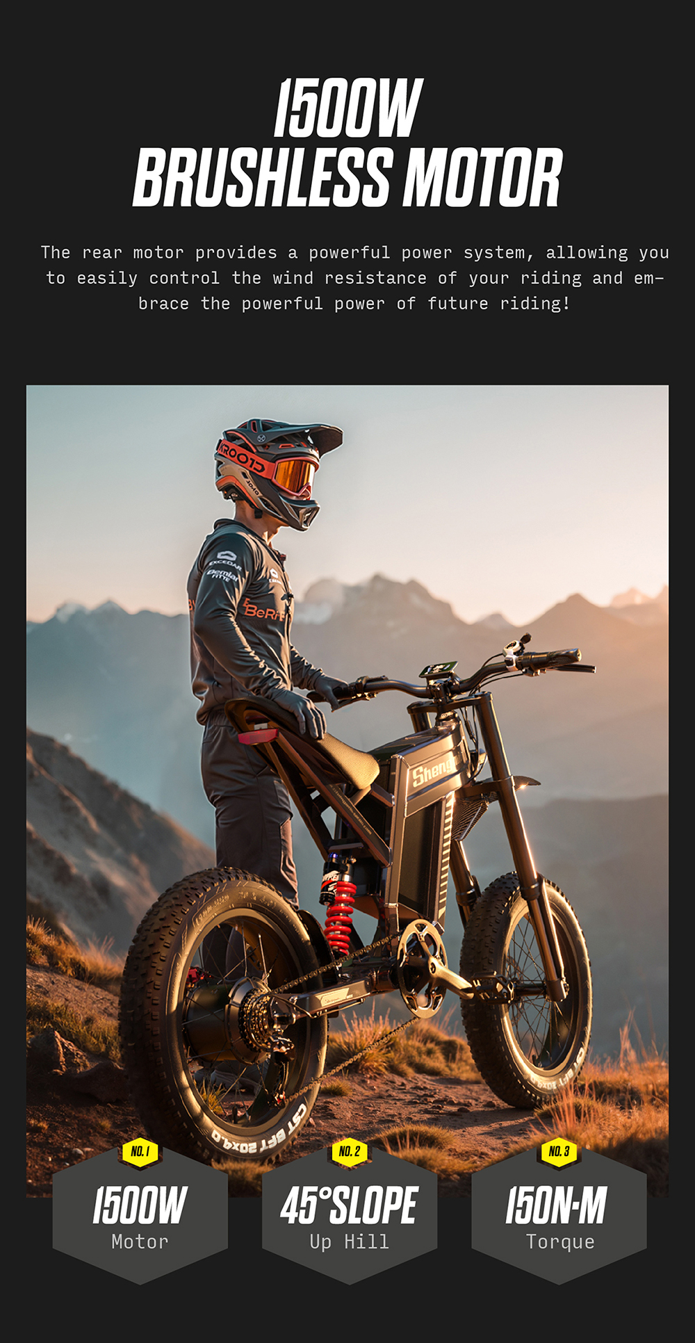 Uomo con casco vicino a bici elettrica. Testo: Motore brushless 1500W. Anche: pendenza 45° e coppia 150N-M.
