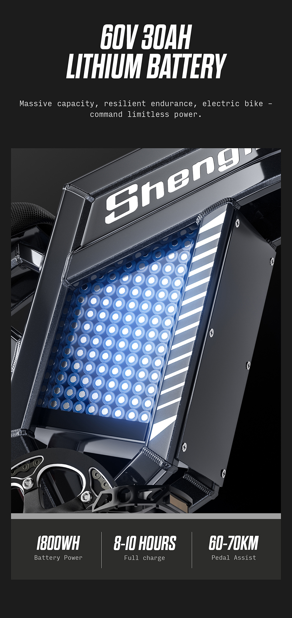 L'immagine mostra una batteria al litio per bici elettrica. Presenta un display a luce blu e specifiche: 1800WH, ricarica 8-10 ore e autonomia 60-70KM.