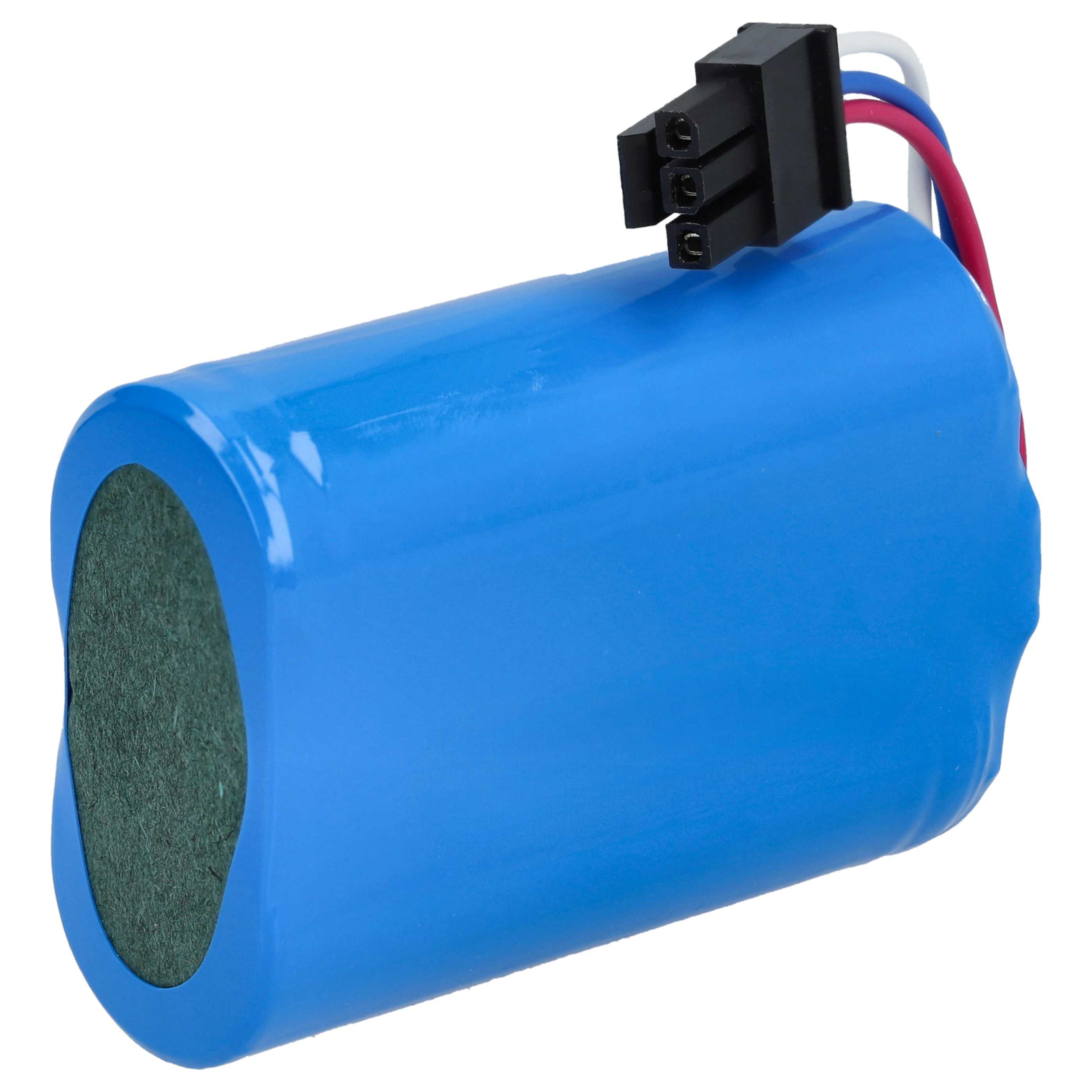 Eine blaue zylindrische Batterie mit einem schwarzen Stecker und farbigen Drähten ist isoliert.