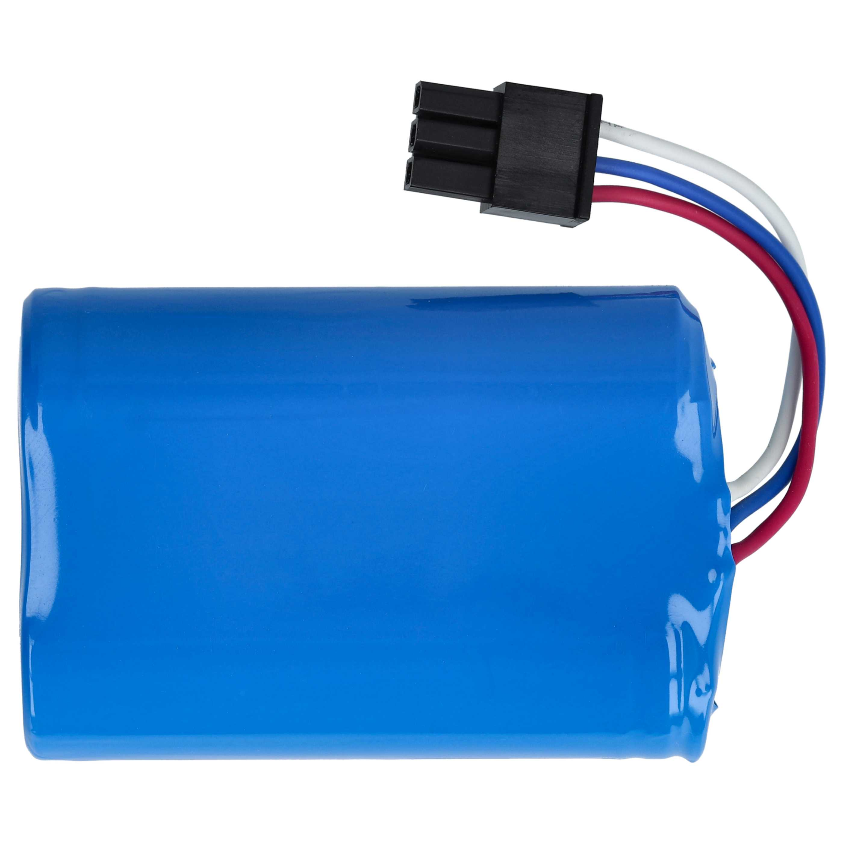 Eine blaue zylindrische Batterie mit einem schwarzen Stecker und roten, weißen und blauen Drähten.