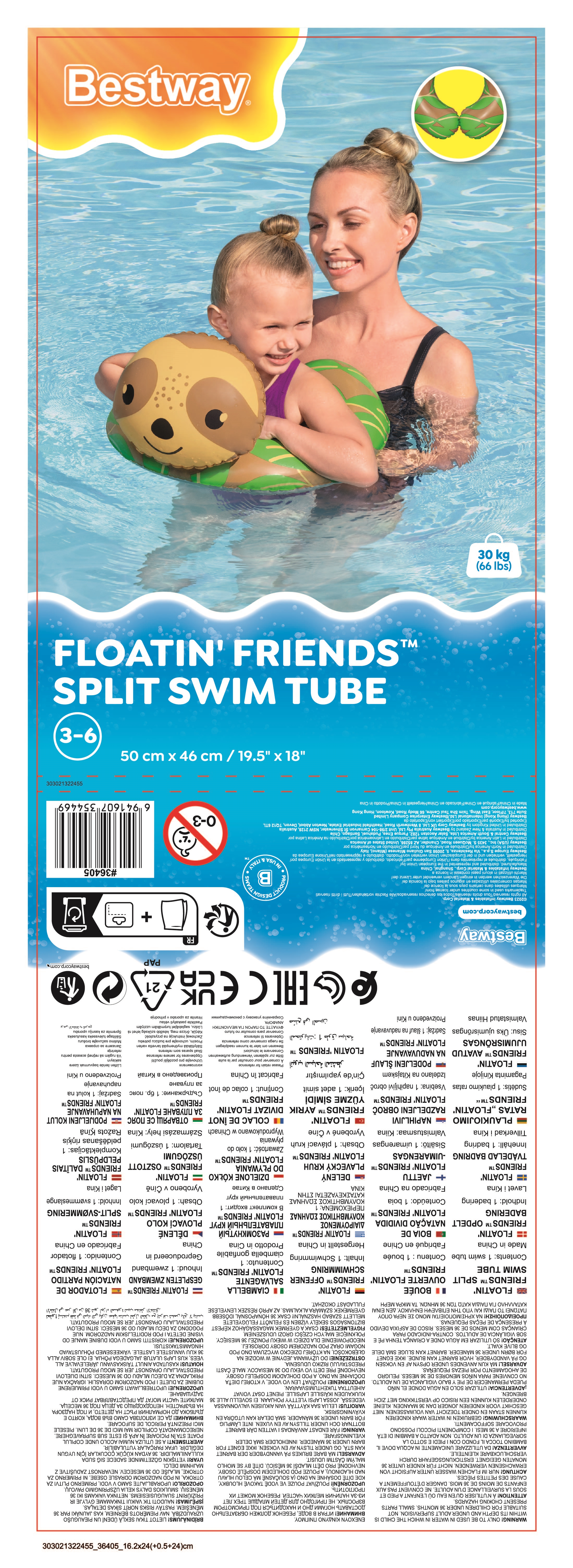 Una mujer y un niño en una piscina. El niño lleva un dispositivo de flotación. Texto en el embalaje: Float in Friends Split Swim Tube.