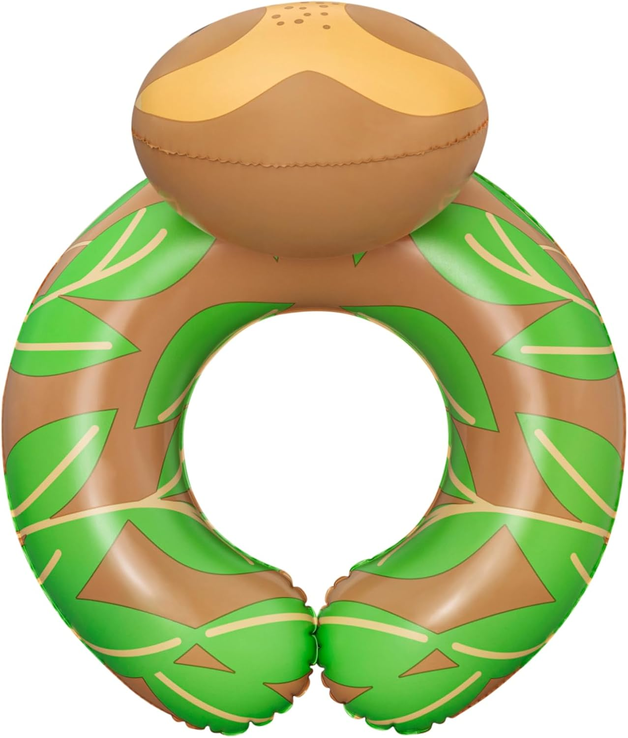 Un flotador inflable con forma de castaña. Tiene un cuerpo marrón con hojas verdes alrededor. La parte superior es marrón y amarilla.