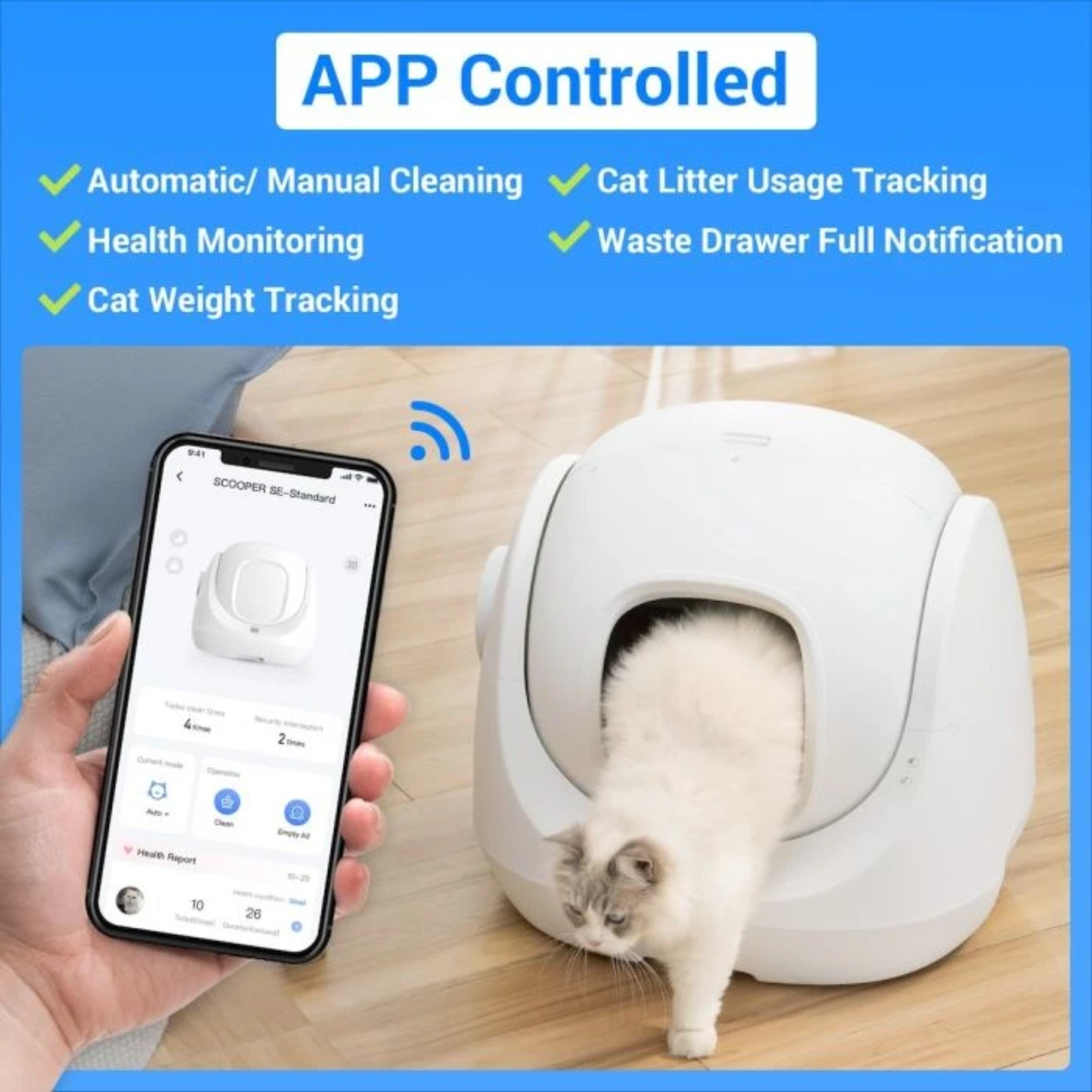 Een witte kat verlaat een witte automatische kattenbak. Een telefoon toont app-bedieningselementen.