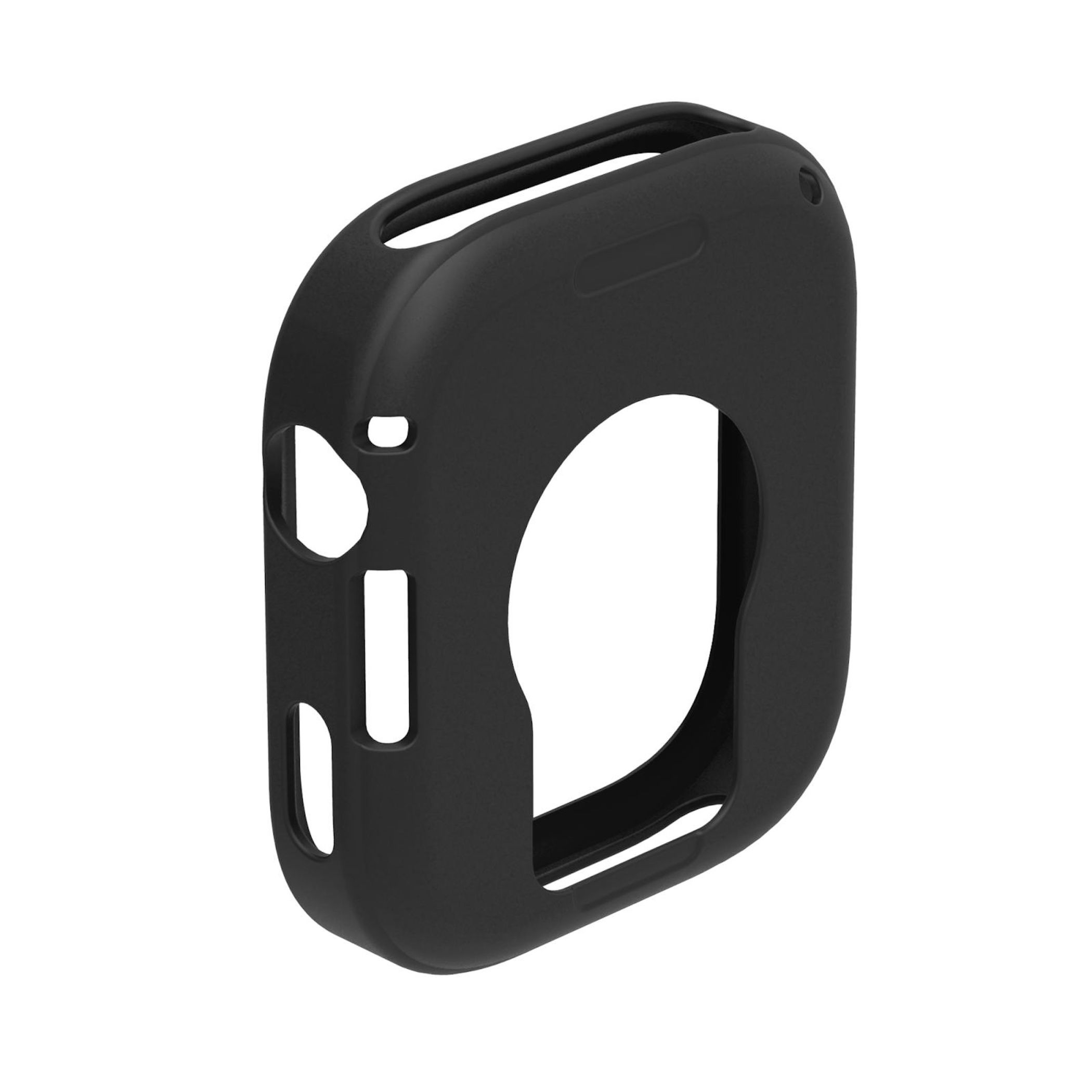 Una custodia protettiva nera per smartwatch. Ha ritagli per schermo, pulsanti e sensori.