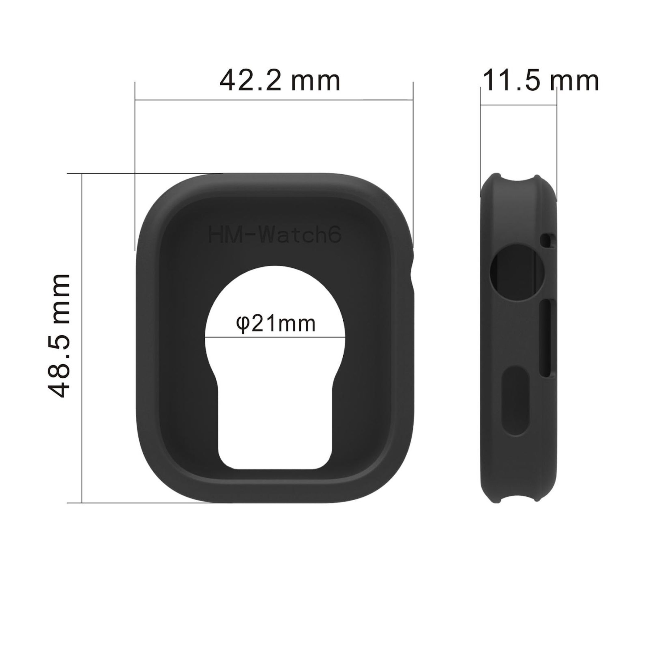 Cassa orologio nera con dimensioni etichettate. Vista frontale mostra forma e dimensione. Vista laterale mostra spessore.