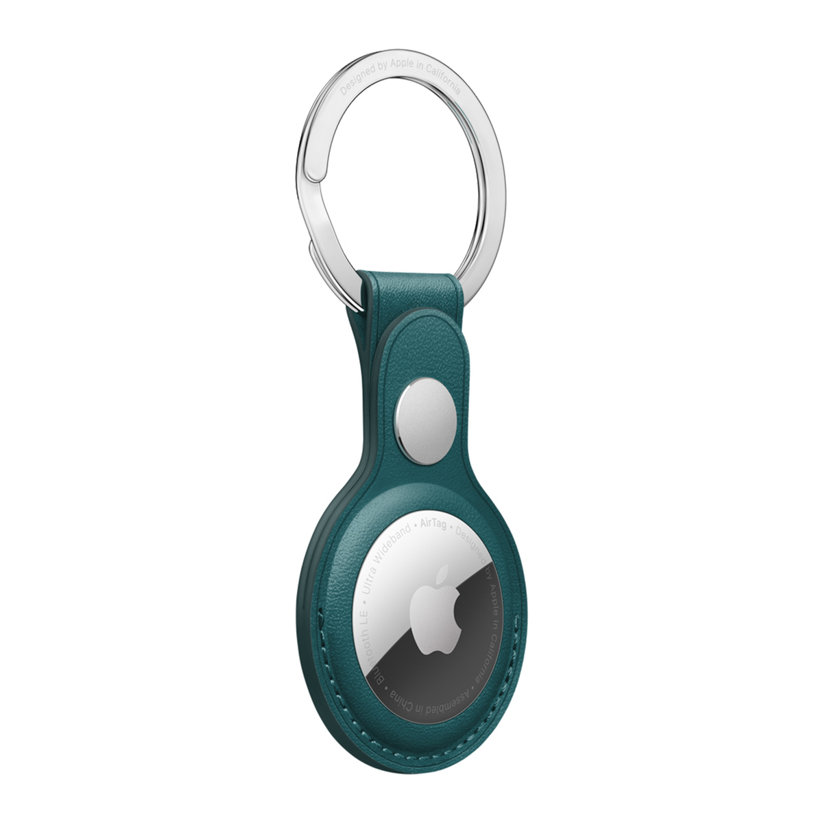 Een Apple AirTag met een teal leren lus en een zilveren sleutelring. De AirTag heeft het Apple-logo en tekst rond de rand.