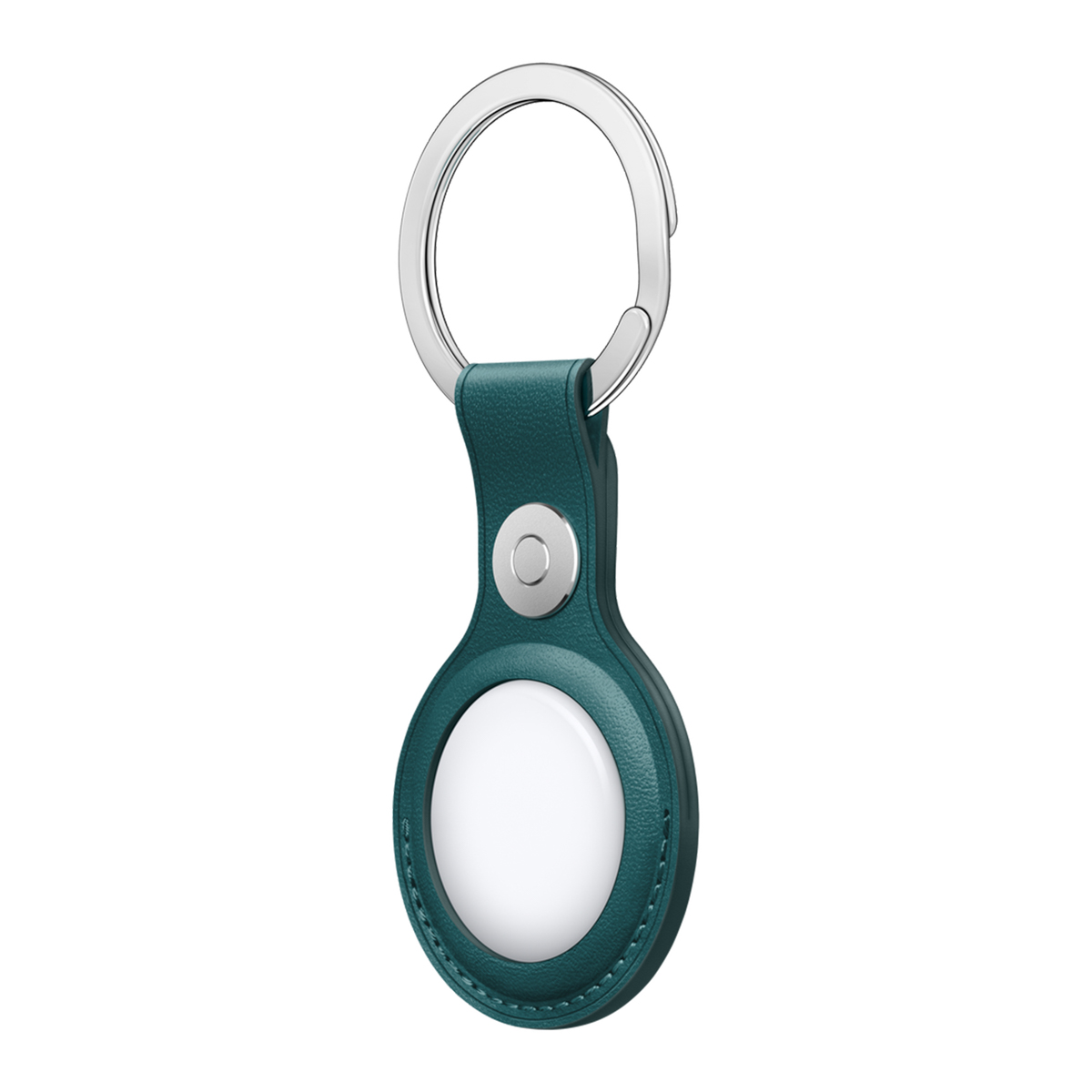 Een teal leren AirTag-houder met een zilveren sleutelring. De houder heeft een wit cirkelvormig gebied en een zilveren knop.