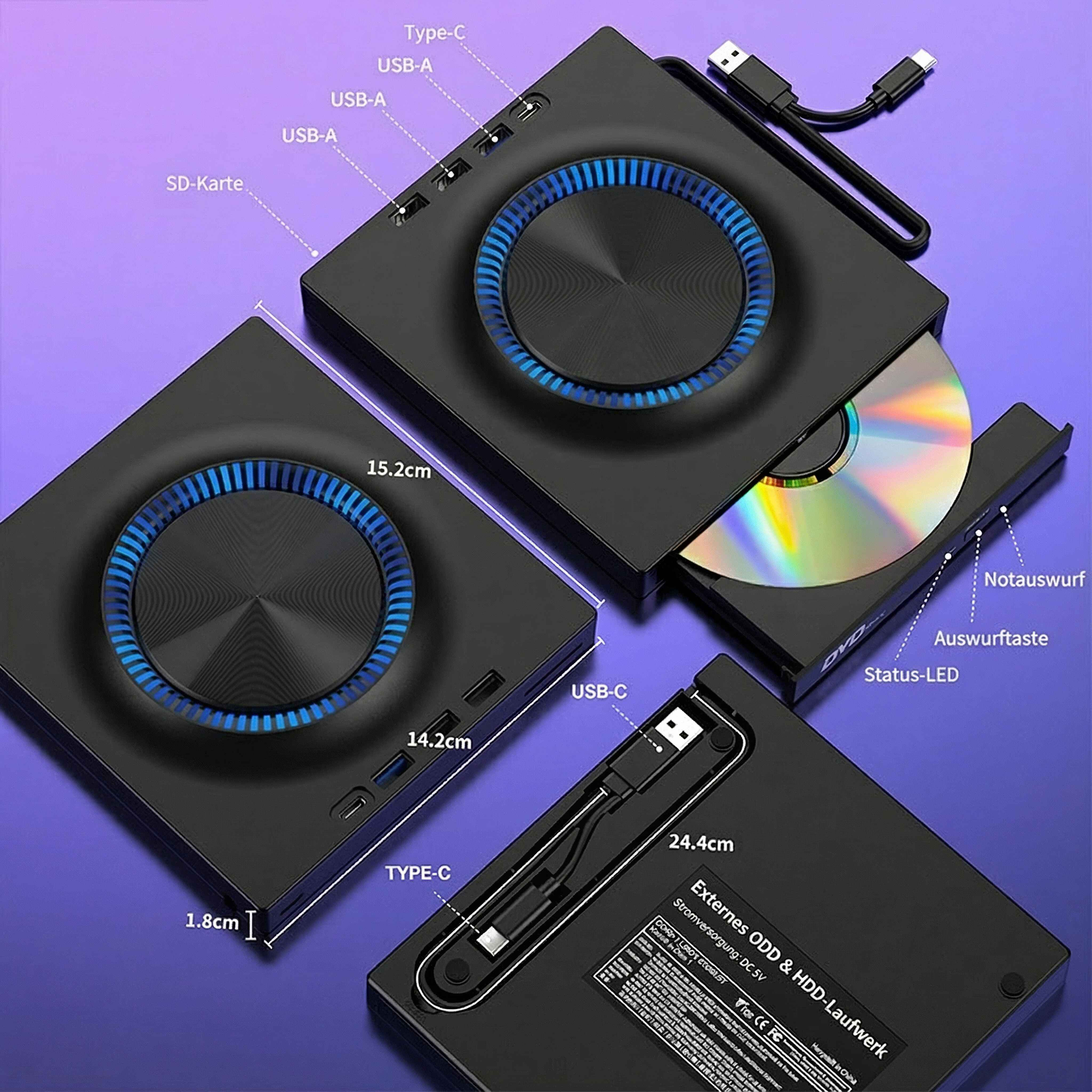 Schwarzes externes CD-Laufwerk mit USB-Anschlüssen. Eine CD befindet sich im Laufwerk. Blau leuchtender Kreis. Lila Hintergrund.