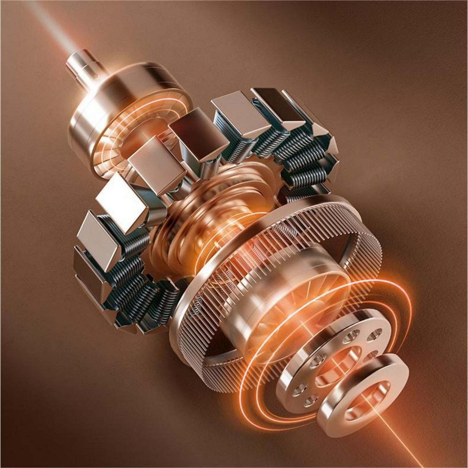 Explosionsansicht eines mechanischen Geräts mit Metallkomponenten und leuchtend orangefarbenen Energielinien.