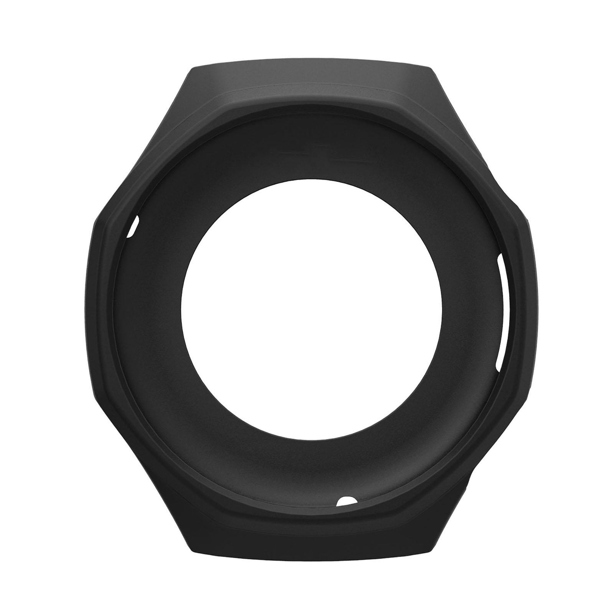 Eine schwarze, achteckige Kameraobjektiv-Gegenlichtblende. Sie hat eine kreisförmige Öffnung in der Mitte.