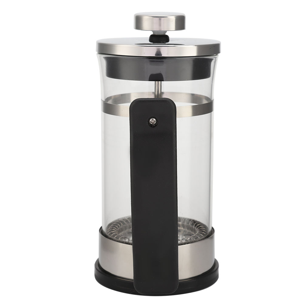 Eine French-Press-Kaffeemaschine. Sie hat einen Glaszylinder, einen Metallfilter, einen schwarzen Griff und einen Metalldeckel mit Knopf.