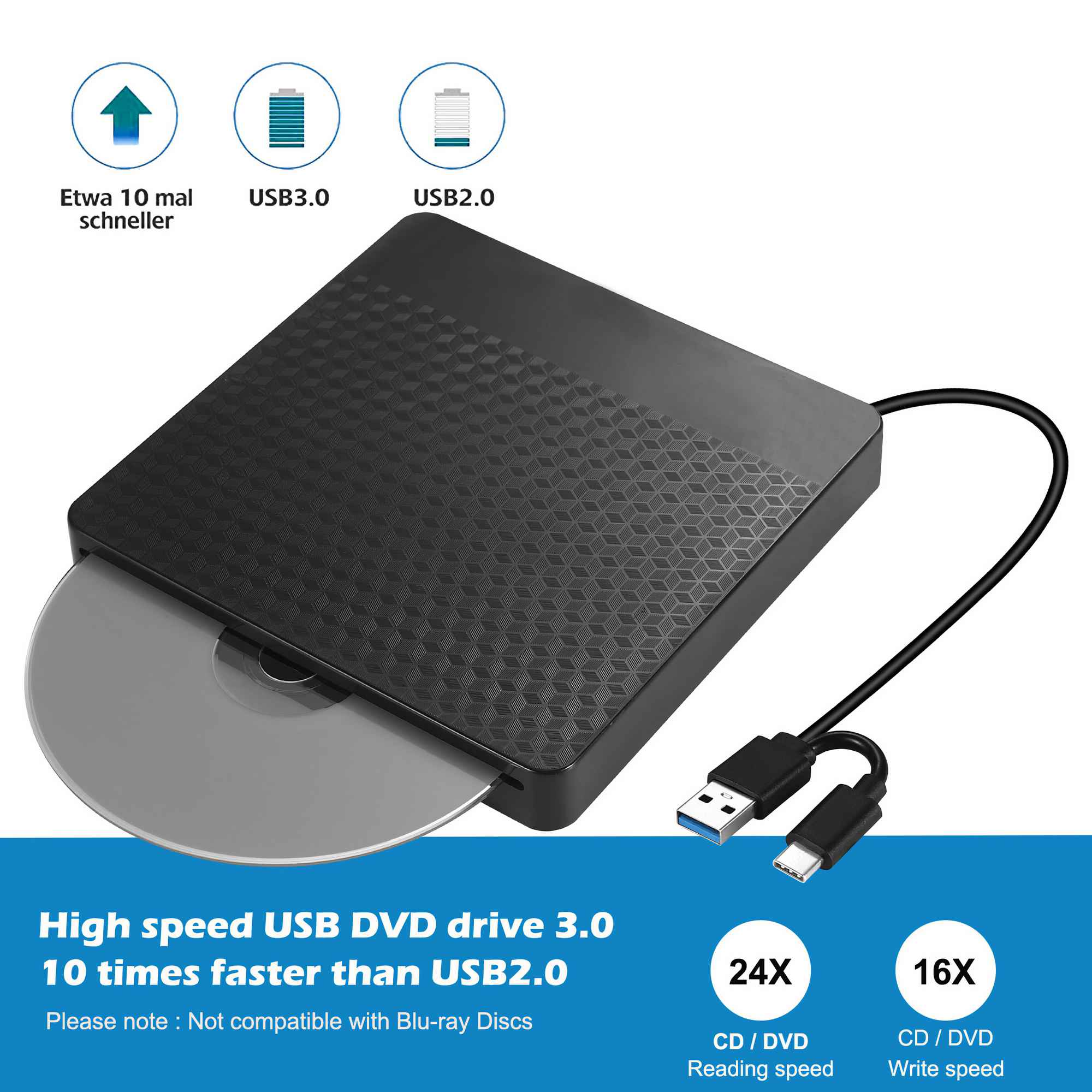 Schwarzes USB-DVD-Laufwerk mit CD. Zeigt USB 3.0 und 24X Lesegeschwindigkeit. Ein schwarzes USB-Kabel ist angeschlossen.