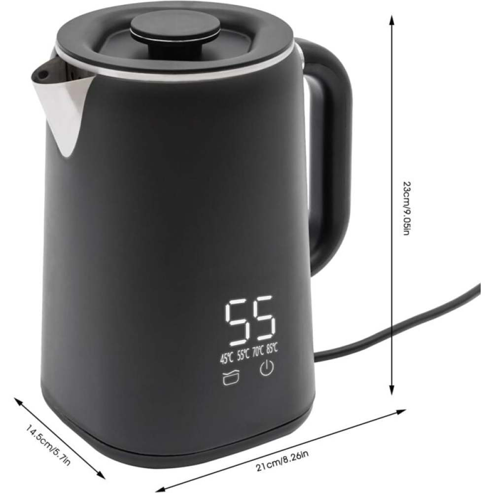 Ein schwarzer Wasserkocher mit digitaler Anzeige, die 55 Grad anzeigt. Abmessungen und Temperatureinstellungen werden ebenfalls angezeigt.