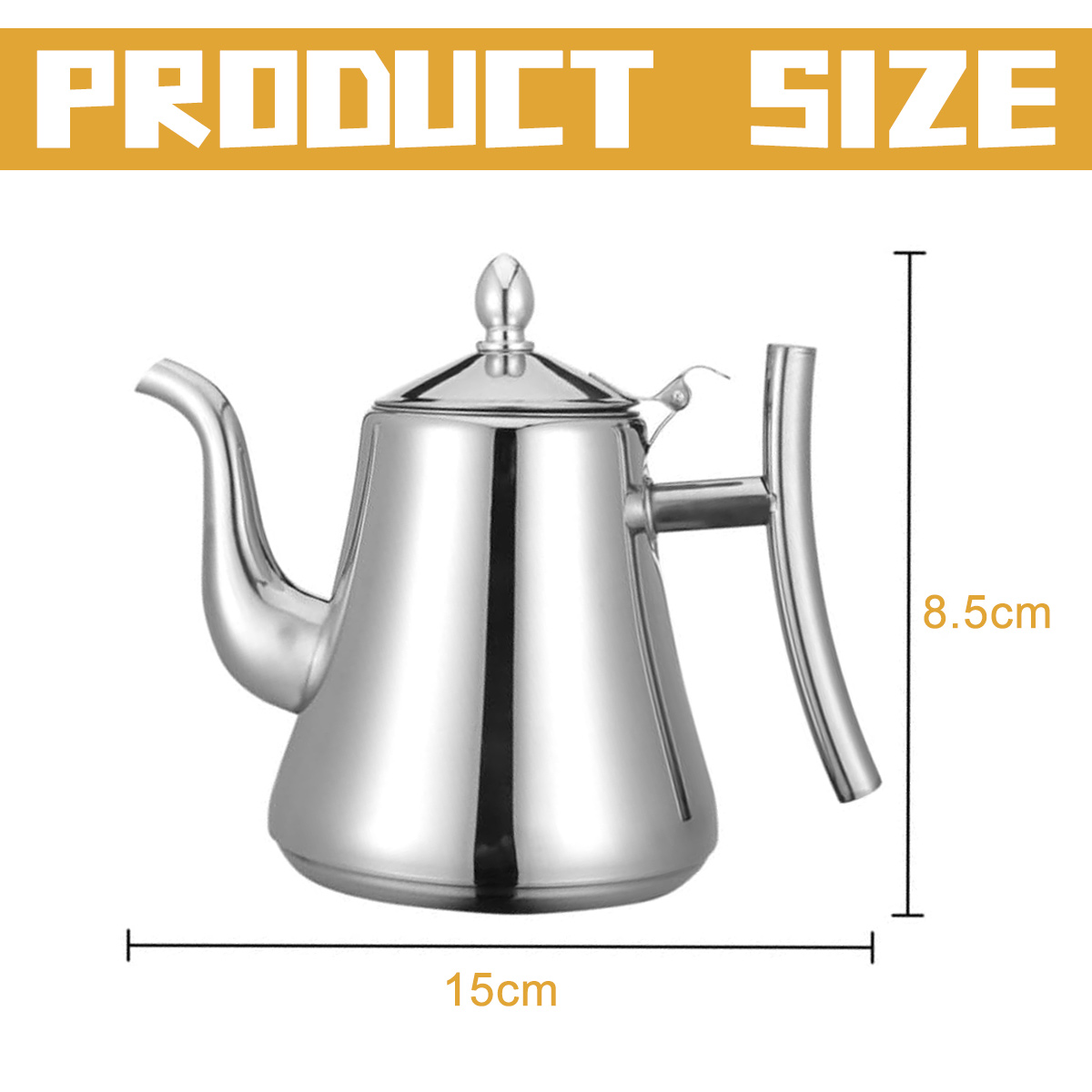 Eine glänzende Edelstahlkanne mit den Maßen: 15 cm breit, 8,5 cm hoch. Der Text oben lautet 'PRODUCT SIZE'.