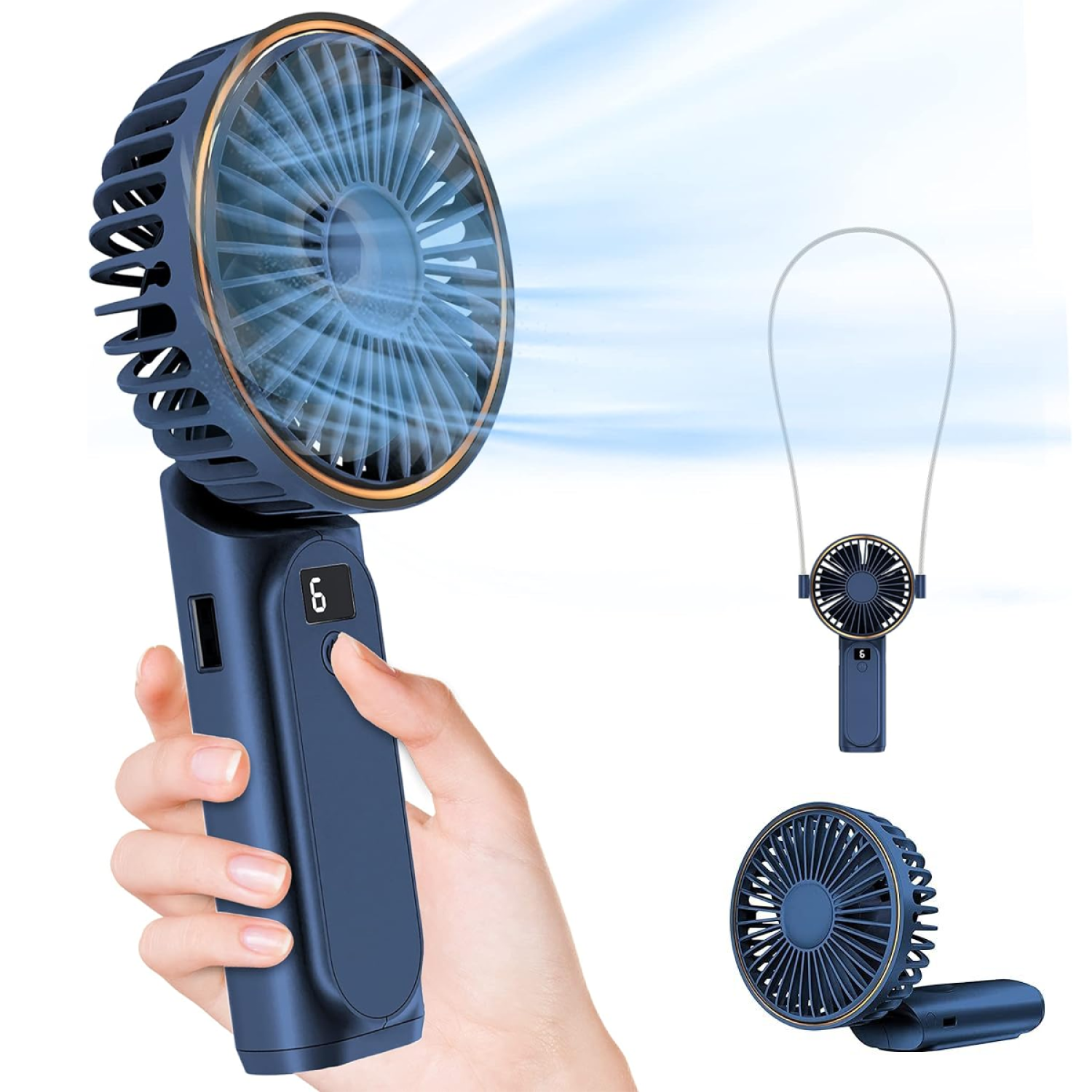 Eine Hand hält einen blauen tragbaren Ventilator. Der Ventilator hat ein digitales Display und bläst Luft. Es gibt zwei kleinere Lüfterbilder.