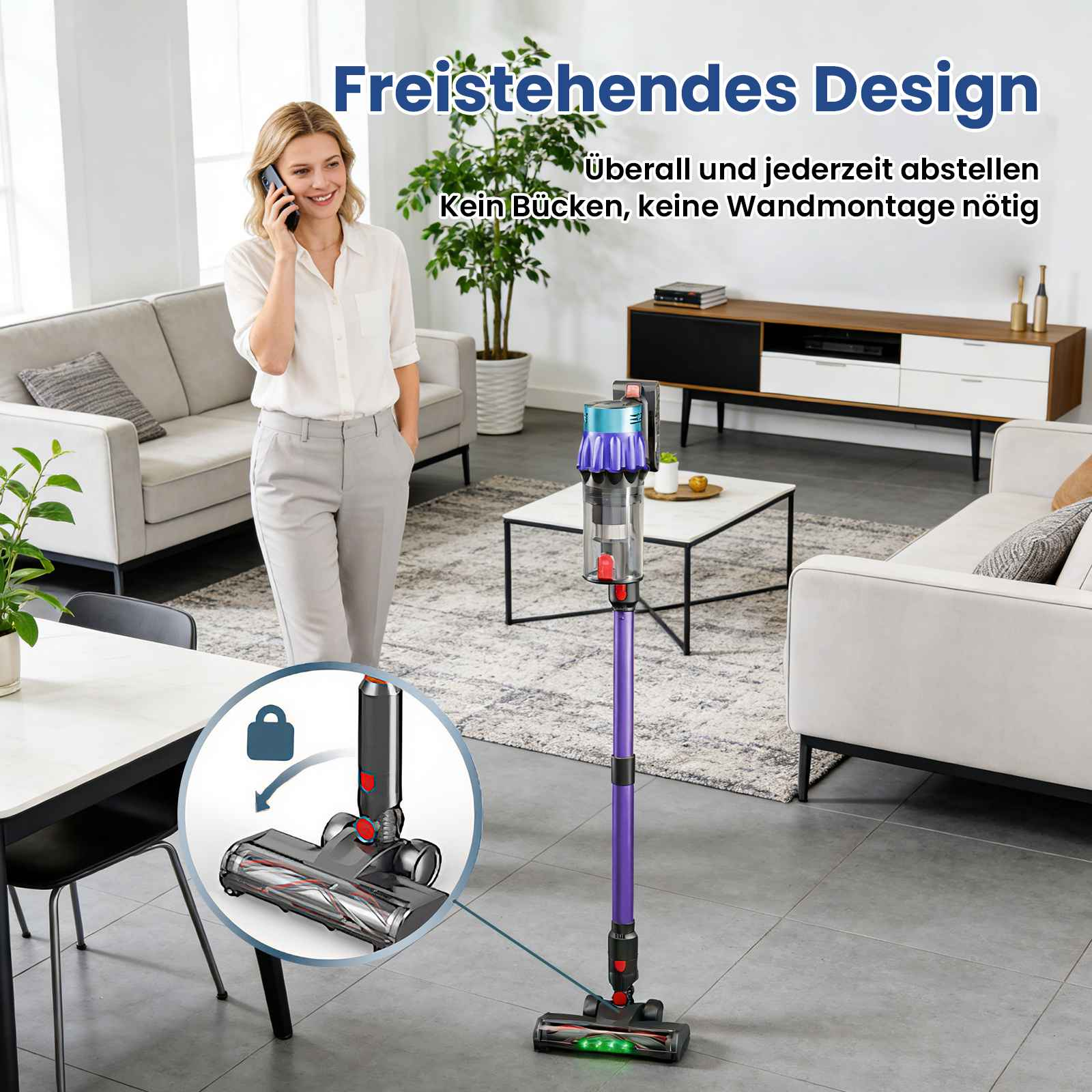 Frau telefoniert im Wohnzimmer. Ein violetter und schwarzer Staubsauger steht bereit. Ein Diagramm zeigt den Kopf des Reinigers.