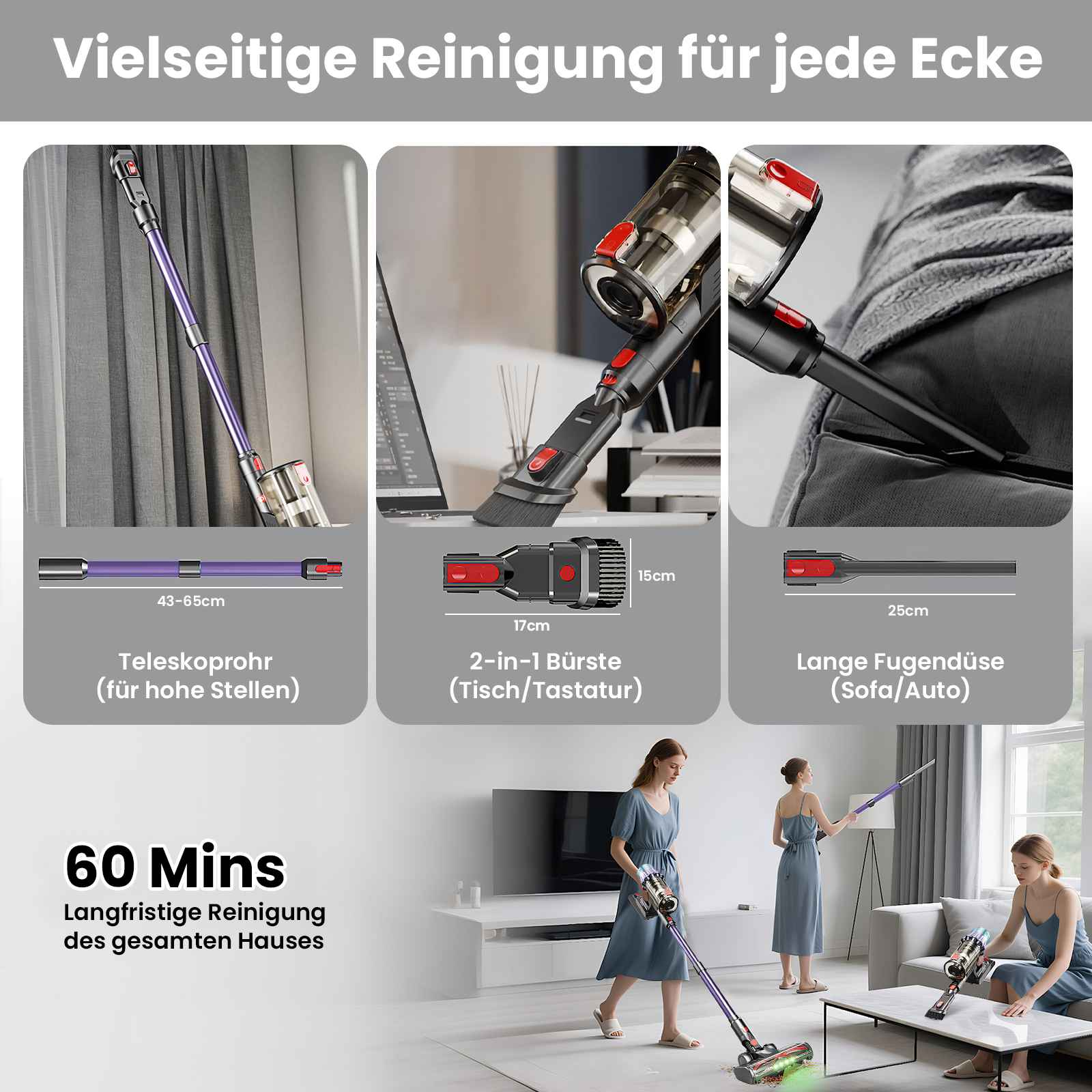 Das Bild zeigt einen Staubsauger mit verschiedenen Aufsätzen und drei Frauen, die ihn in einem Wohnzimmer benutzen.