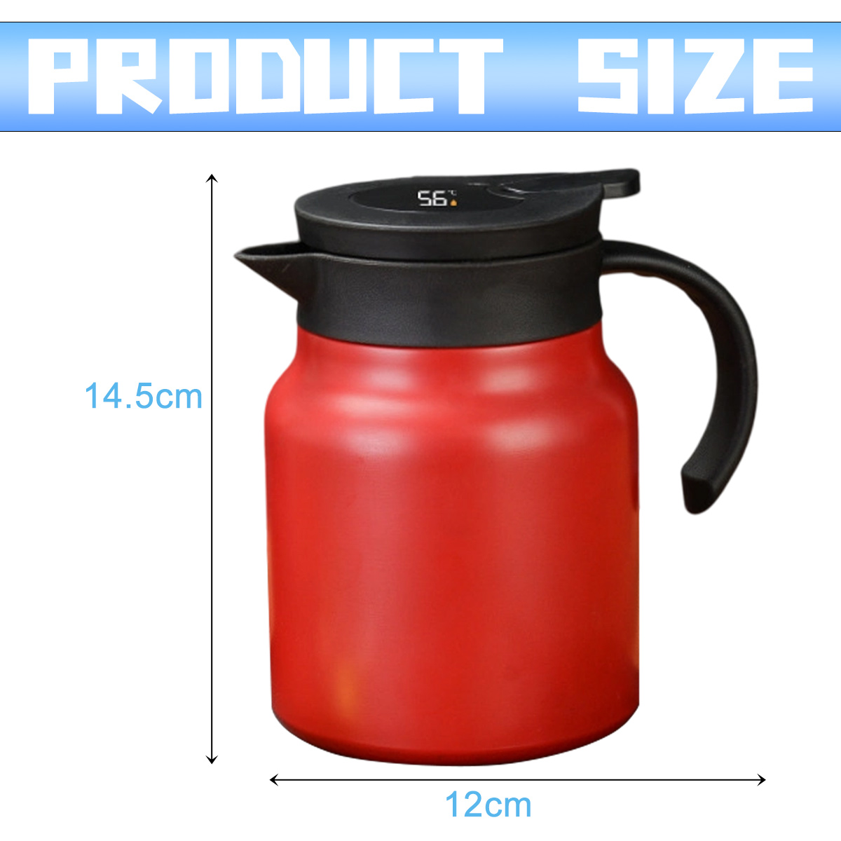 Eine rote Thermoskanne mit schwarzem Deckel und Griff. Die Produktgröße wird mit den Maßen 14,5 cm und 12 cm angezeigt.