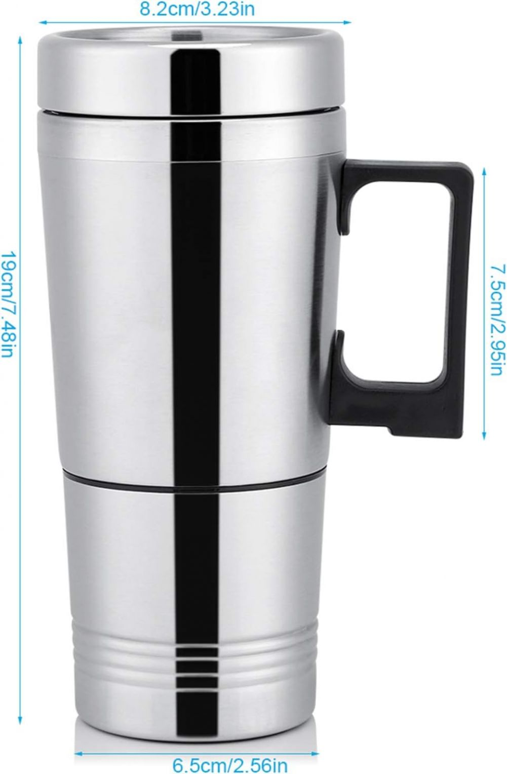 Ein metallener Reisebecher mit schwarzem Griff. Er hat Abmessungen in cm und Zoll.
