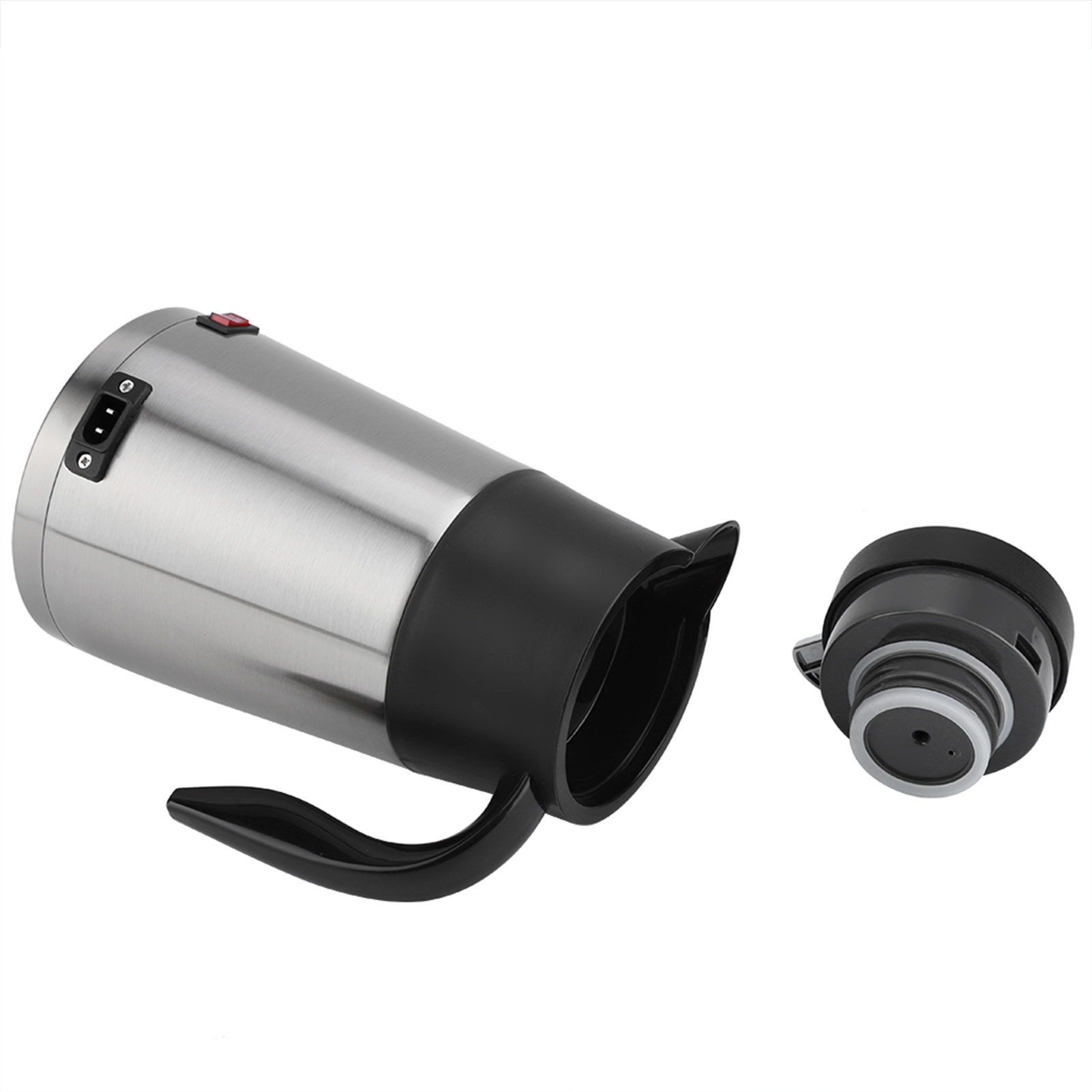 Ein metallischer Reisebecher mit schwarzem Griff und Deckel. Der Deckel ist abgenommen. Ein Einschaltknopf und Stecker sind sichtbar.