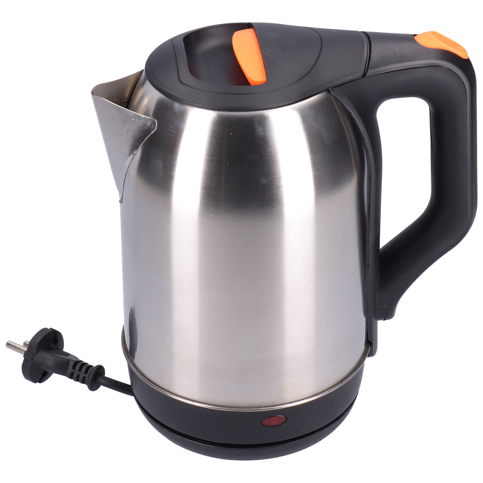 Ein elektrischer Wasserkocher aus Edelstahl mit schwarzem Griff und Deckel, orangefarbenen Akzenten und Netzkabel.