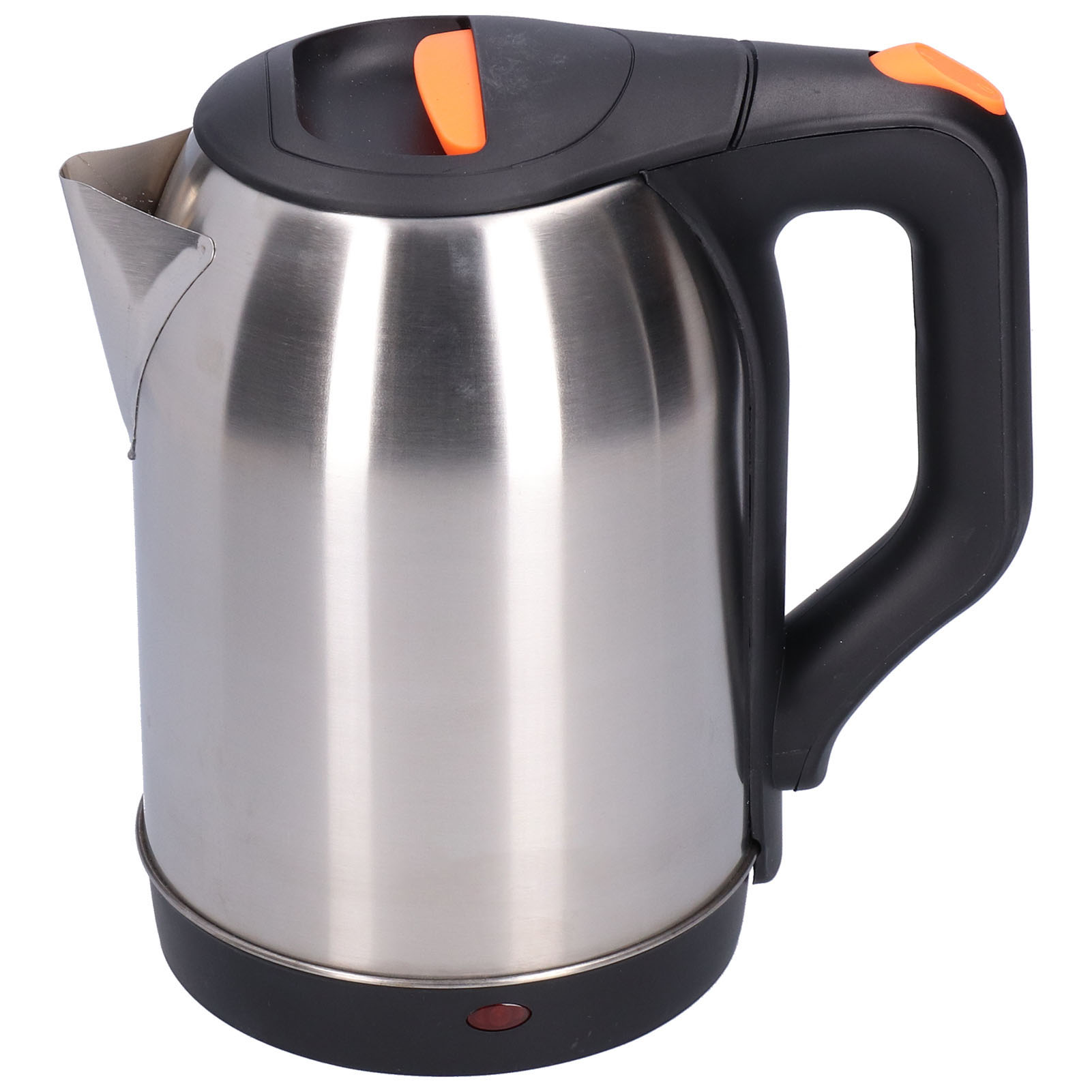 Ein elektrischer Wasserkocher aus Edelstahl mit schwarzem Griff und Deckel, orangefarbenen Akzenten und einem roten Ein-/Ausschalter.