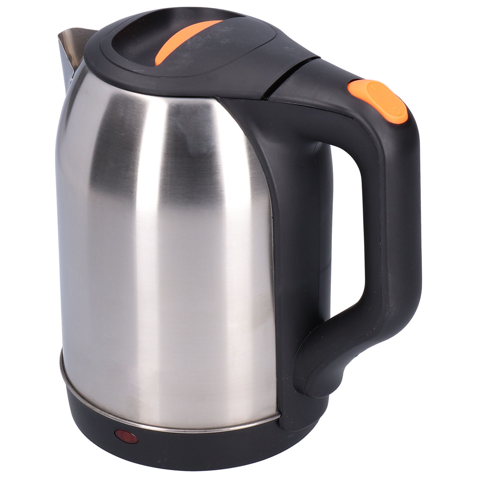 Ein elektrischer Wasserkocher aus Edelstahl mit schwarzem Griff und Deckel sowie einer orangefarbenen Taste.