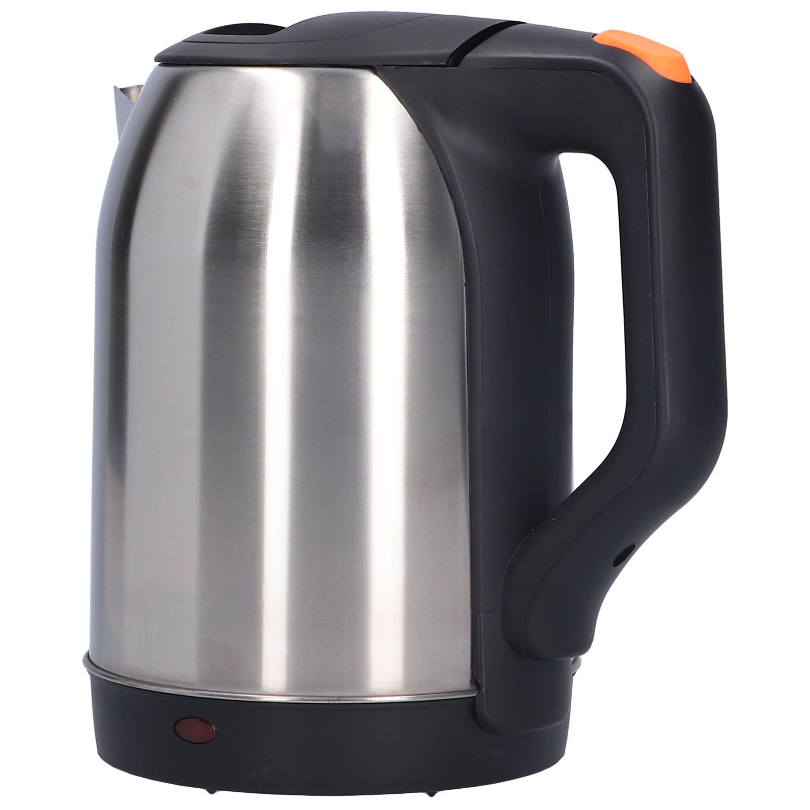 Ein elektrischer Wasserkocher aus Edelstahl mit schwarzem Griff und Boden. Oben am Griff befindet sich eine orangefarbene Taste.
