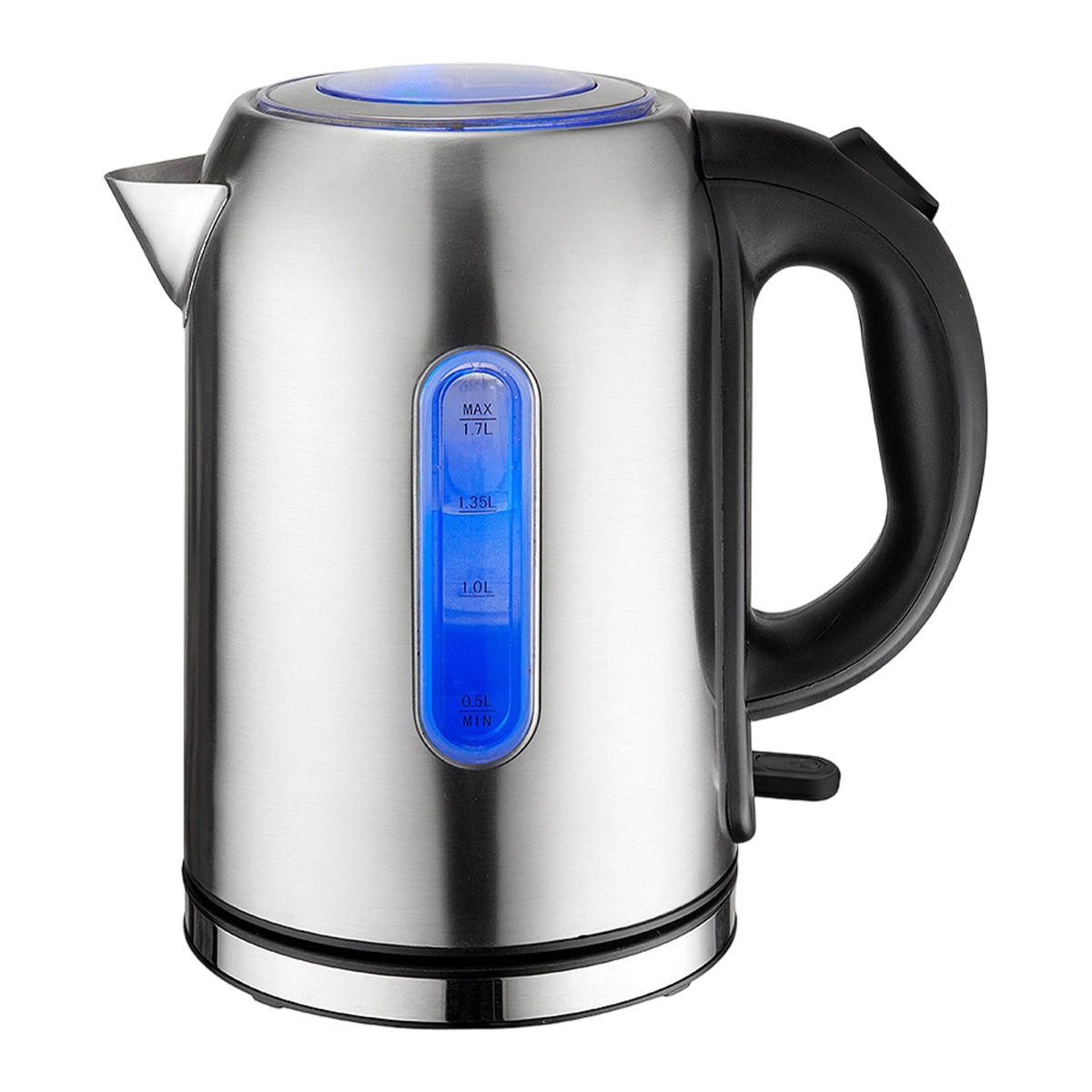 Ein Edelstahl-Elektrokessel mit schwarzem Griff, Ausguss und blau beleuchteter Wasserstandsanzeige.