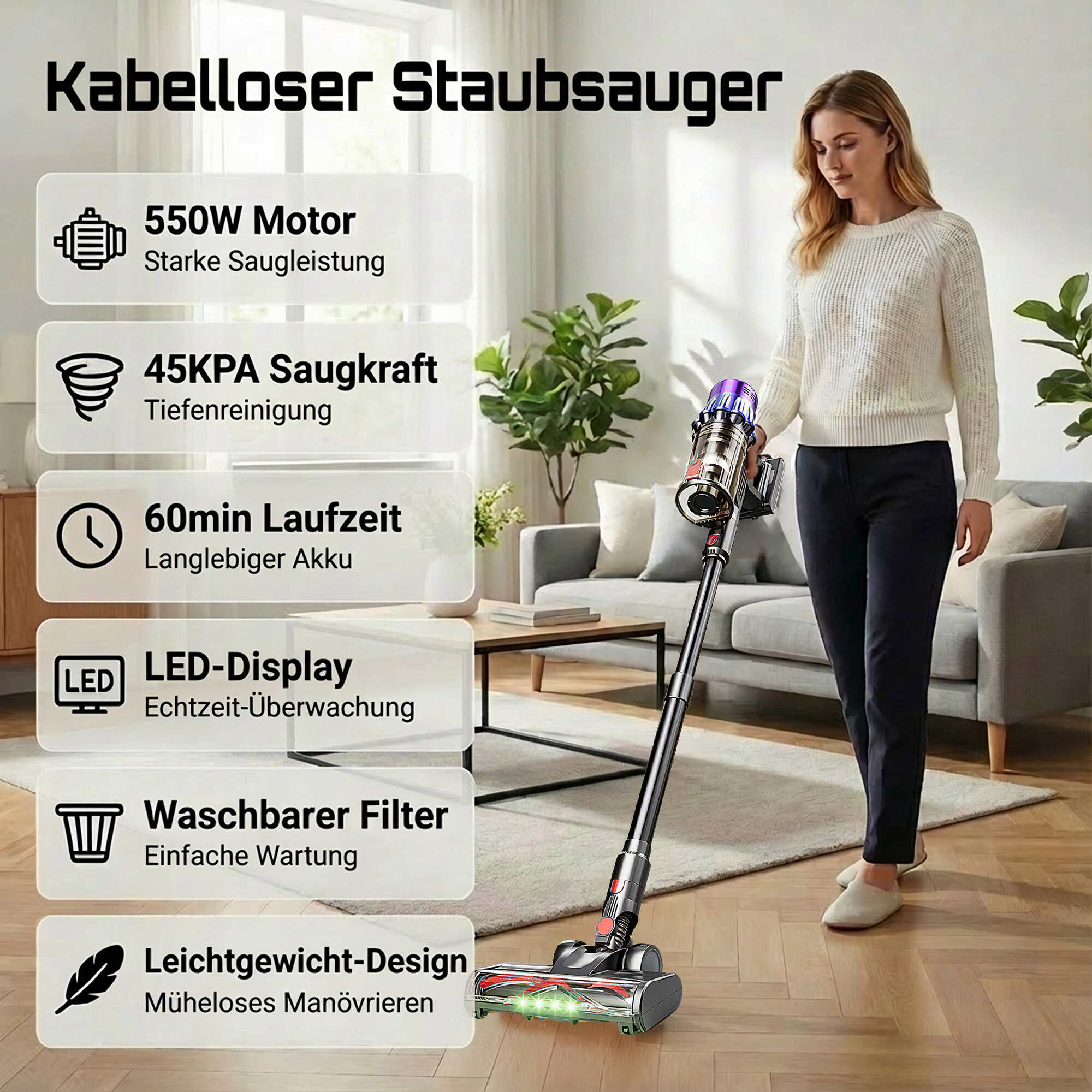 Frau benutzt einen kabellosen Staubsauger. Merkmale: Motor, Saugleistung, Akkulaufzeit, LED-Anzeige, Filter und Design.
