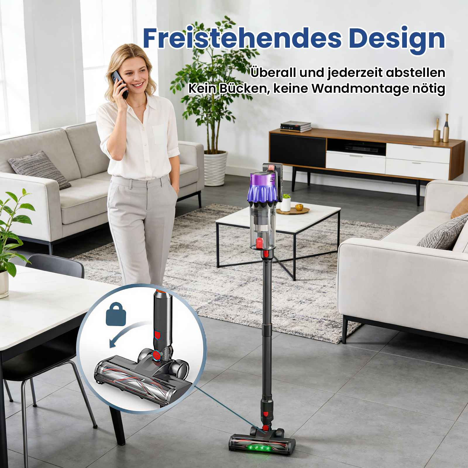 Eine Frau telefoniert in einem Wohnzimmer. Ein Staubsauger steht in der Nähe, und der Text lautet: 'Freistehendes Design'.