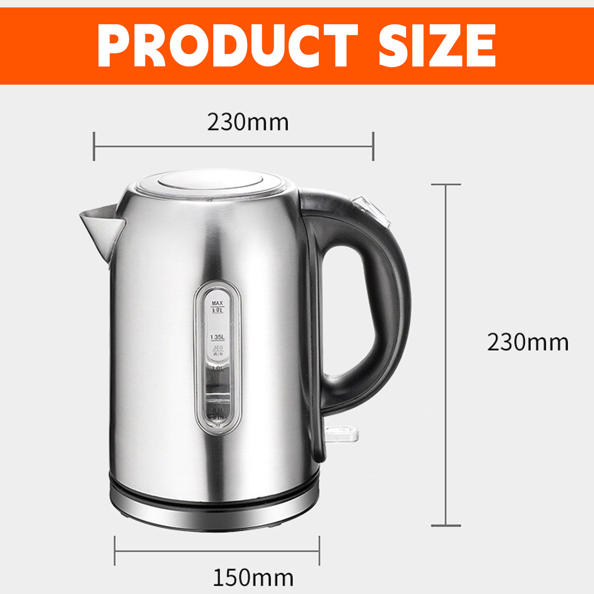 Ein Edelstahlkessel mit schwarzem Griff, der Abmessungen zeigt: 230 mm Höhe, 230 mm Breite und 150 mm Basis. Produktgröße oben.
