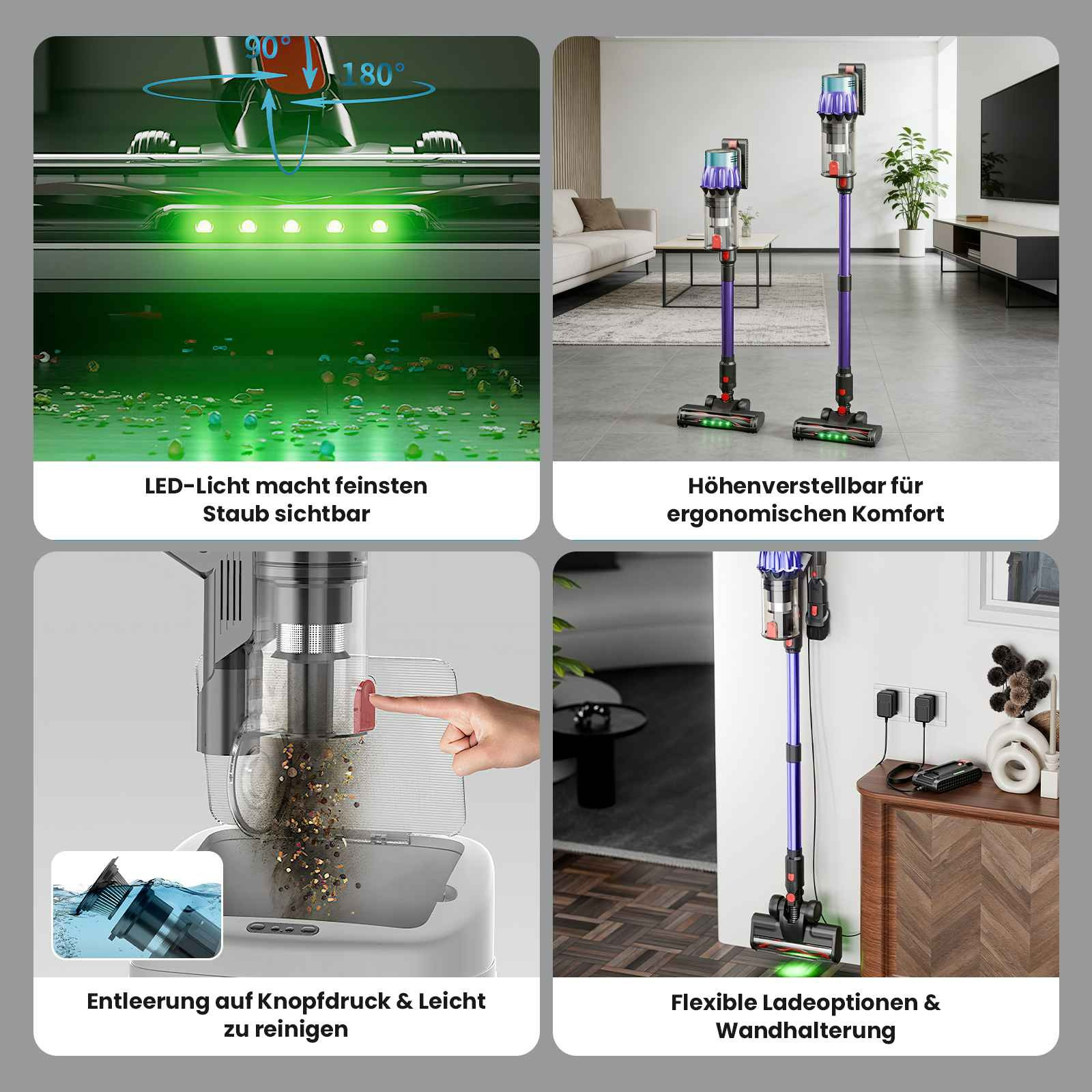 Das Bild zeigt Funktionen des Staubsaugers: LED-Licht, höhenverstellbar, leichtes Entleeren und flexible Ladeoptionen.