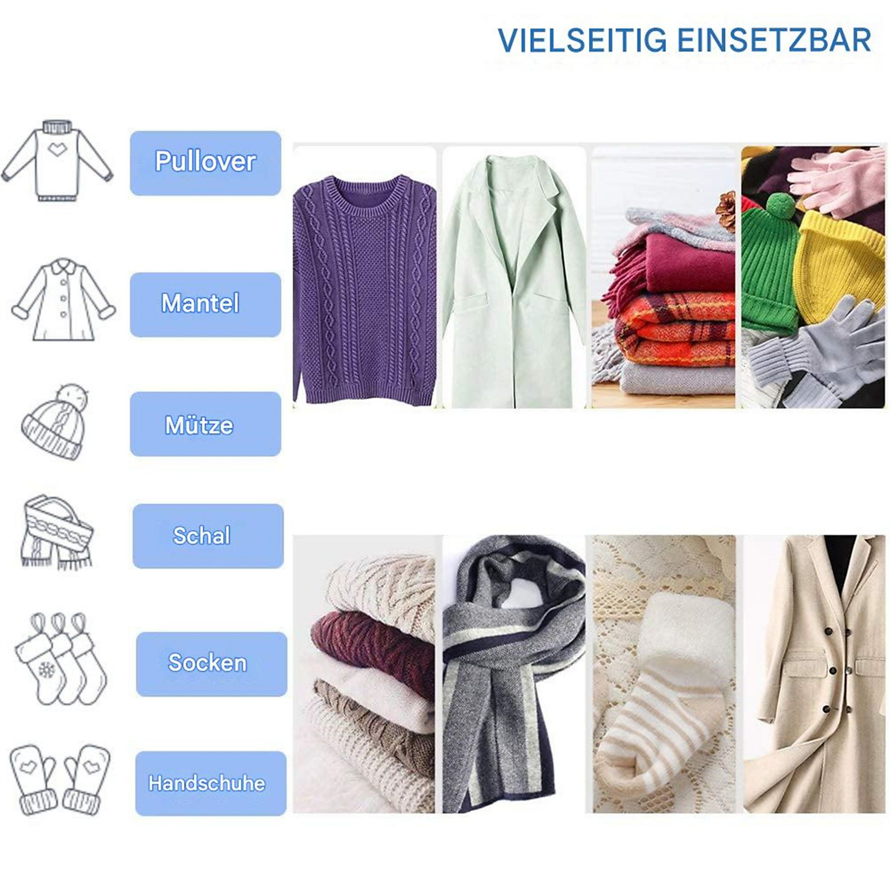 Bild mit Kleidungsstücken wie Pullovern, Mantel, Schal, Handschuhen, Hut und Socken. Textbezeichnungen weisen auf jedes Element hin.