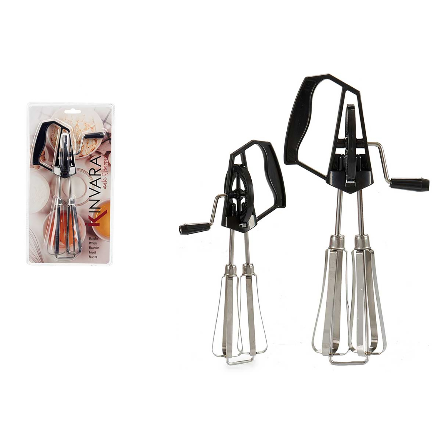 Zwei schwarze und silberne Handrührgeräte. Eines ist verpackt. Die Verpackung trägt den Markennamen Kinvara und die Wörter 'whisk, batter, frost'.