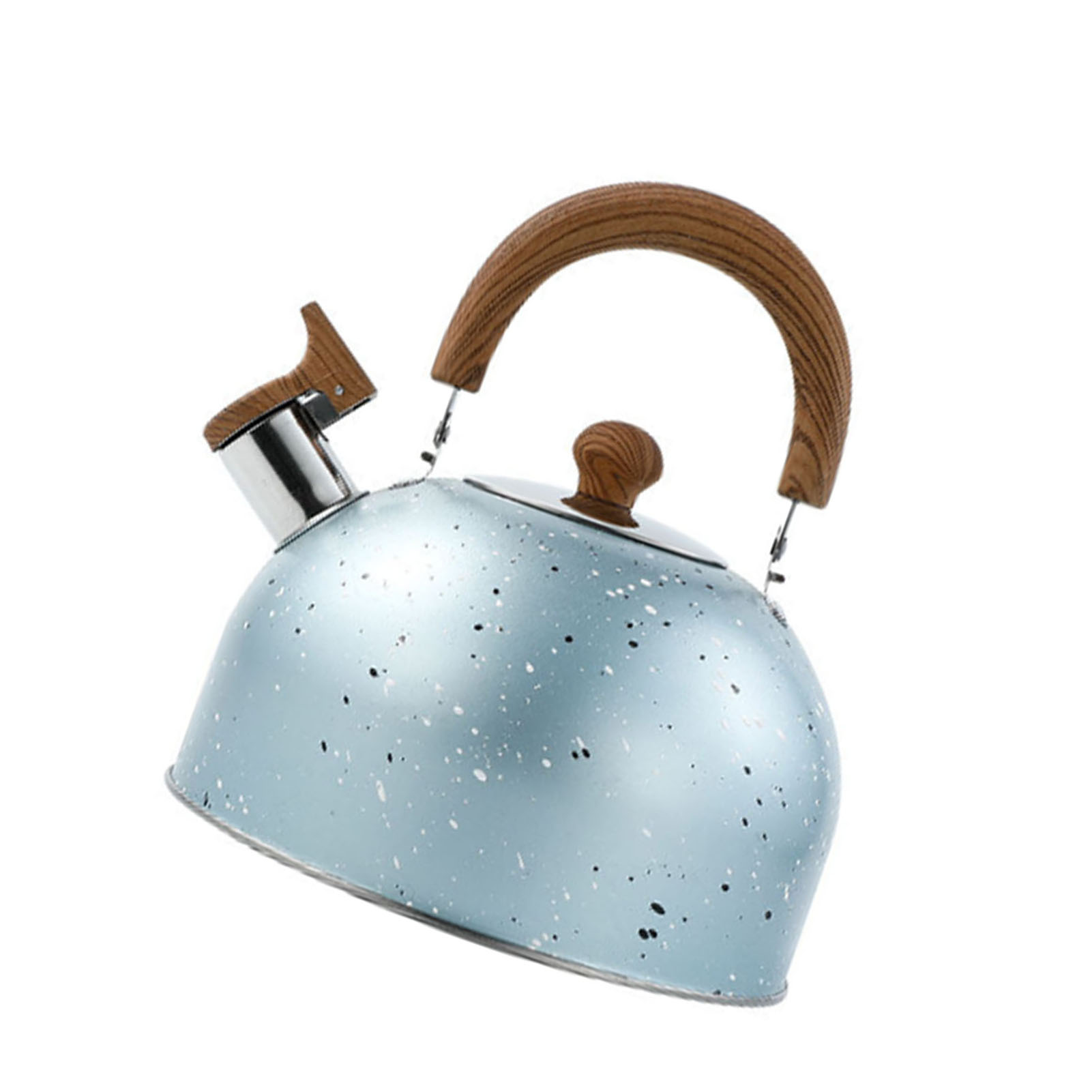 Eine blau gesprenkelte Teekanne mit Holzgriff und Deckel auf weißem Hintergrund.