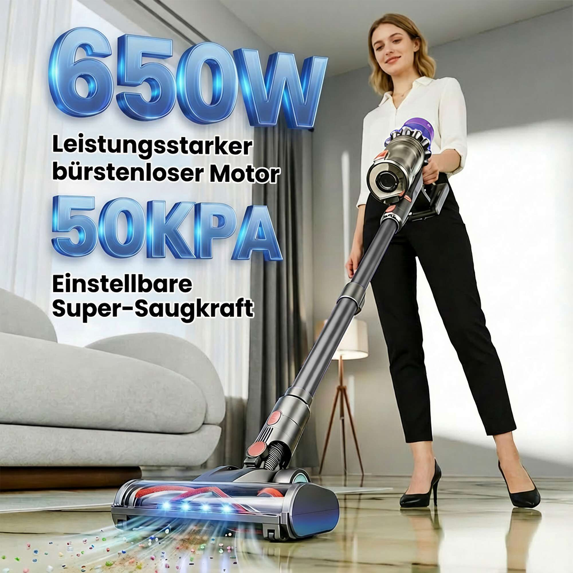Frau mit Staubsauger. Text: 650W, leistungsstarker bürstenloser Motor, 50KPA, einstellbare Super-Saugkraft.