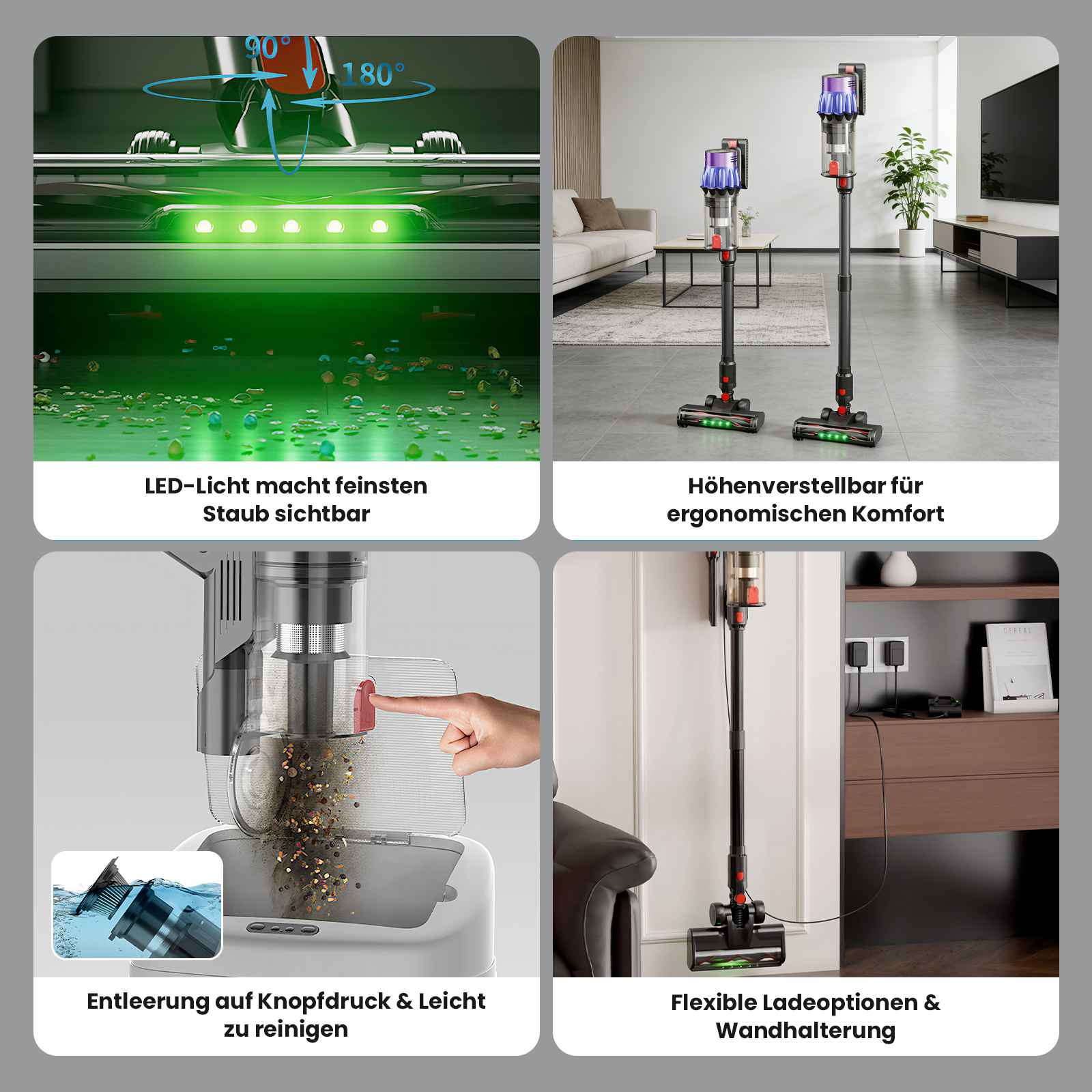 Das Bild zeigt einen Staubsauger mit verschiedenen Funktionen: LED-Licht, höhenverstellbar, leichtes Entleeren und flexible Lademöglichkeiten.