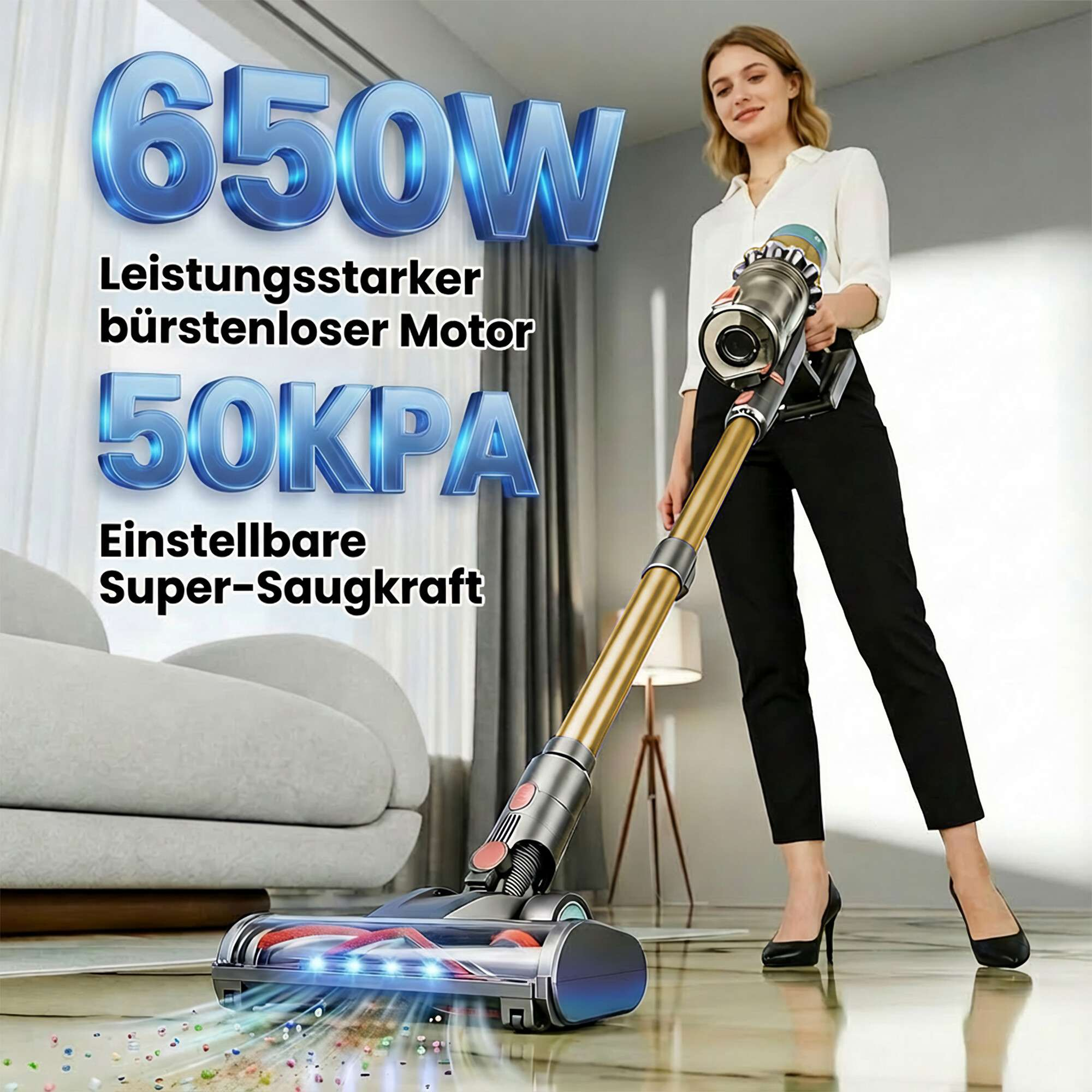 Eine Frau hält einen Staubsauger. Text zeigt 650W, 50KPA und 'Super-Saugkraft'. Im Hintergrund ist ein Sofa.
