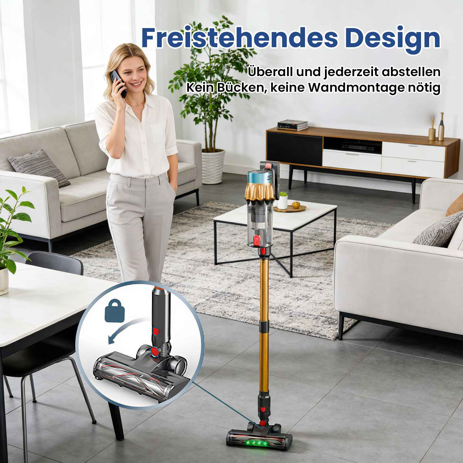 Eine Frau telefoniert in der Nähe eines Staubsaugers. Der Staubsauger hat ein goldfarbenes Rohr und einen grauen Kopf.