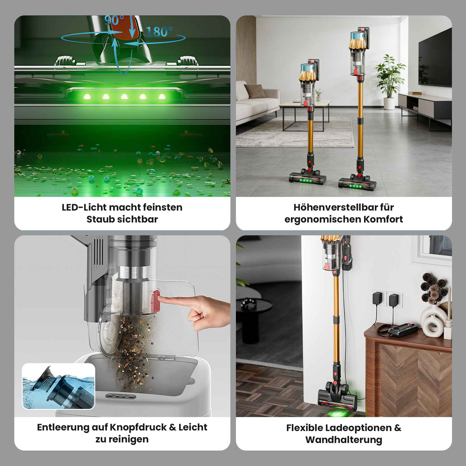 Das Bild zeigt einen Staubsauger mit Funktionen wie LED-Licht, höhenverstellbar, leicht zu entleeren und flexible Lademöglichkeiten.
