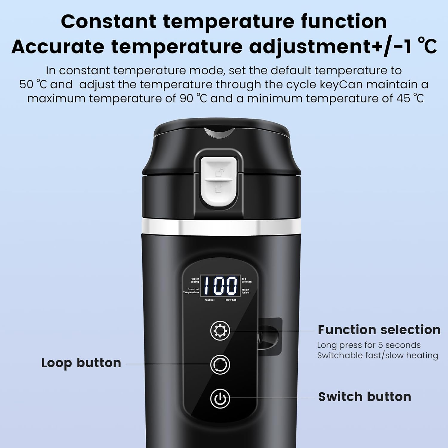Eine schwarze Thermoskanne mit Digitalanzeige, die 100 anzeigt. Sie hat Tasten für Funktion, Schleife und Schalter.
