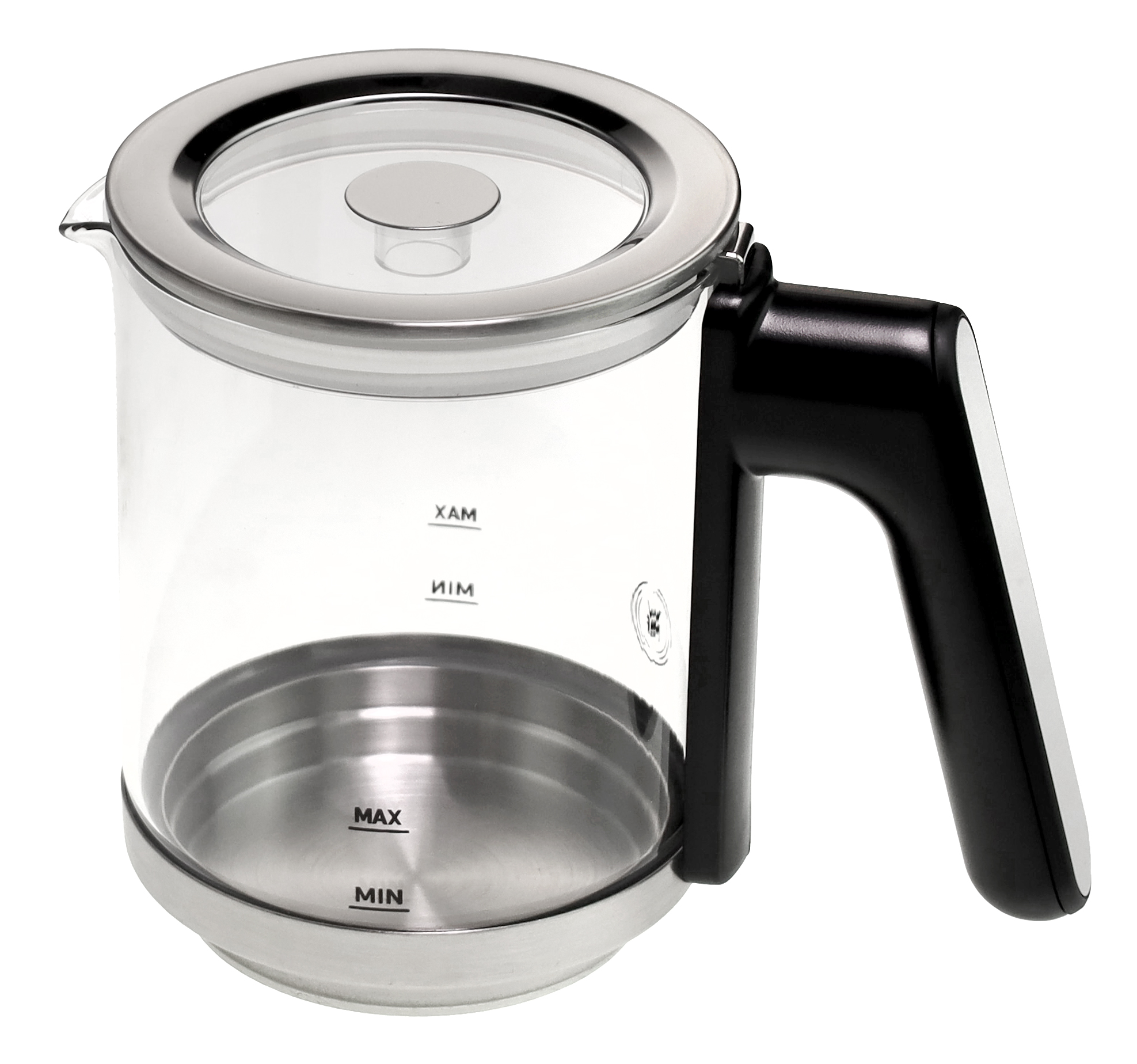 Eine Kaffeekanne aus klarem Glas mit Edelstahlboden und Deckel. Sie hat einen schwarzen Griff und Messungen an der Seite.