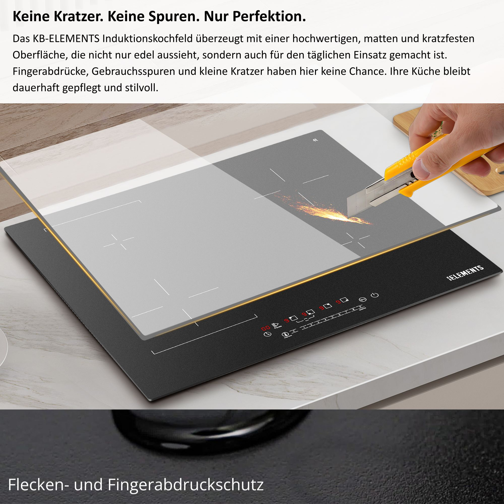 Eine Hand benutzt ein gelbes Messer auf einer Glasoberfläche über einem schwarzen Induktionskochfeld.