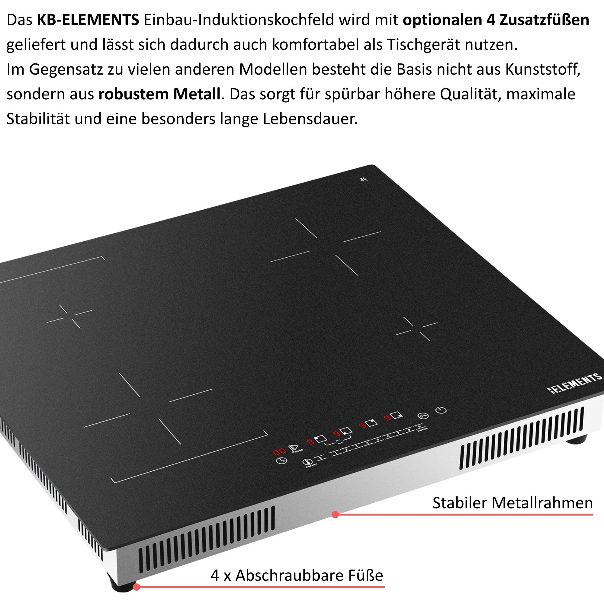 Schwarzes Induktionskochfeld mit weißen Markierungen, digitaler Anzeige und Metallrahmen. Enthält 4 abnehmbare Füße.
