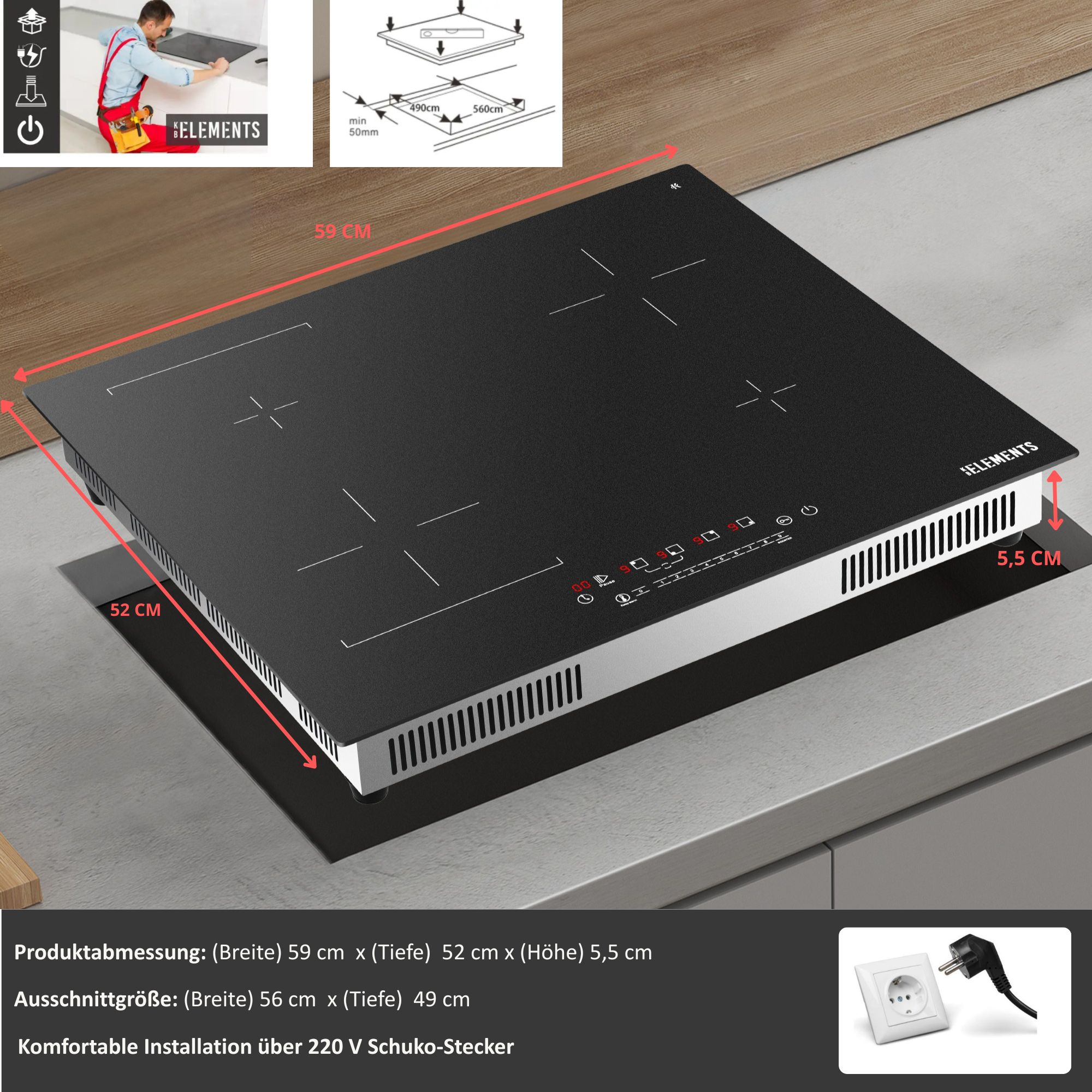Schwarzes Induktionskochfeld mit Maßangaben. Enthält Diagramme und einen Stecker.