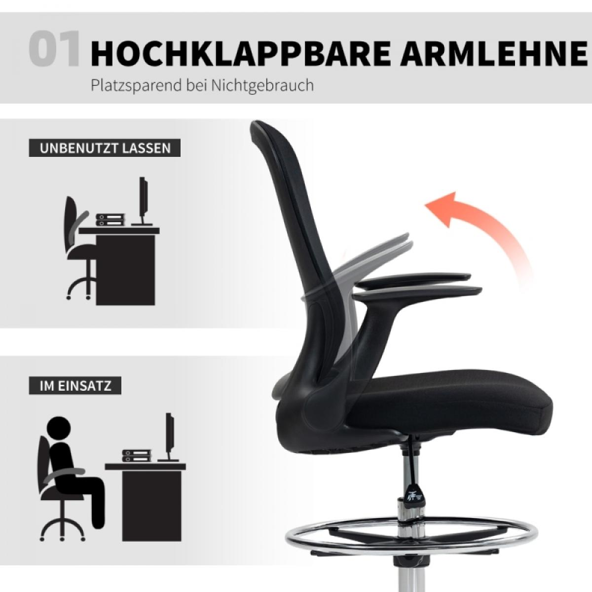 Ein schwarzer Bürostuhl mit klappbaren Armlehnen. Der Stuhl wird mit hoch- und heruntergeklappten Armlehnen gezeigt, mit Diagrammen zur Verwendung.