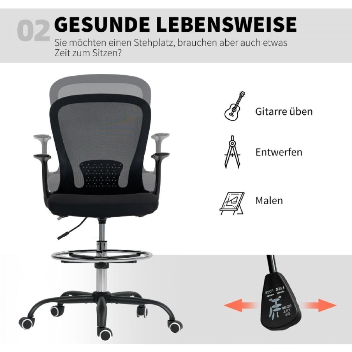 Ein schwarzer Bürostuhl mit Rollen. Text erwähnt gesundes Leben, Gitarre, Design und Malerei. Ein Hebel zeigt 'heben' und 'senken'.