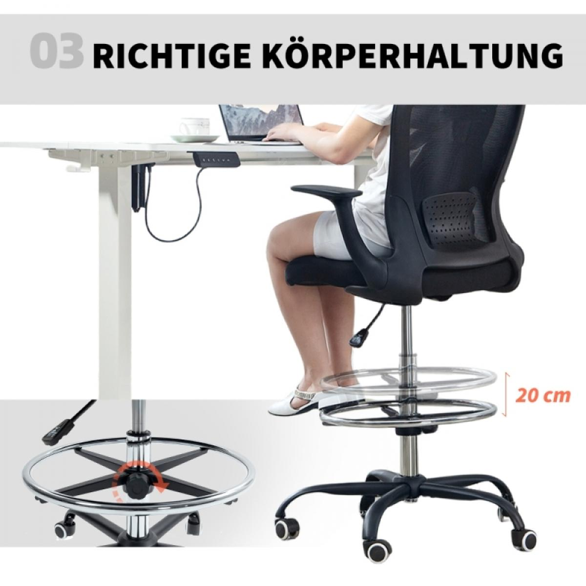 Eine Person sitzt an einem Schreibtisch mit Laptop und demonstriert die richtige Körperhaltung. Bürostuhl und Schreibtisch.